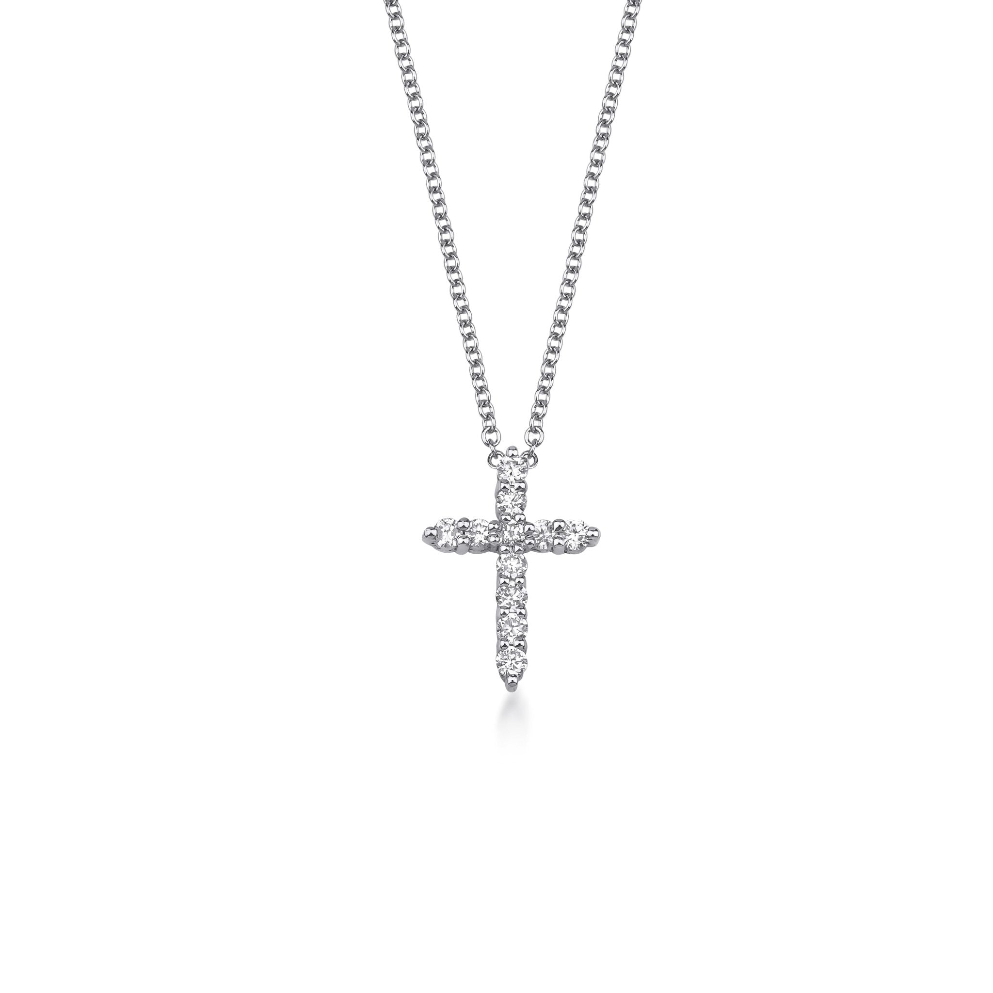 14K white gold minimalist diamond cross necklace with sparkling lab-created diamonds.