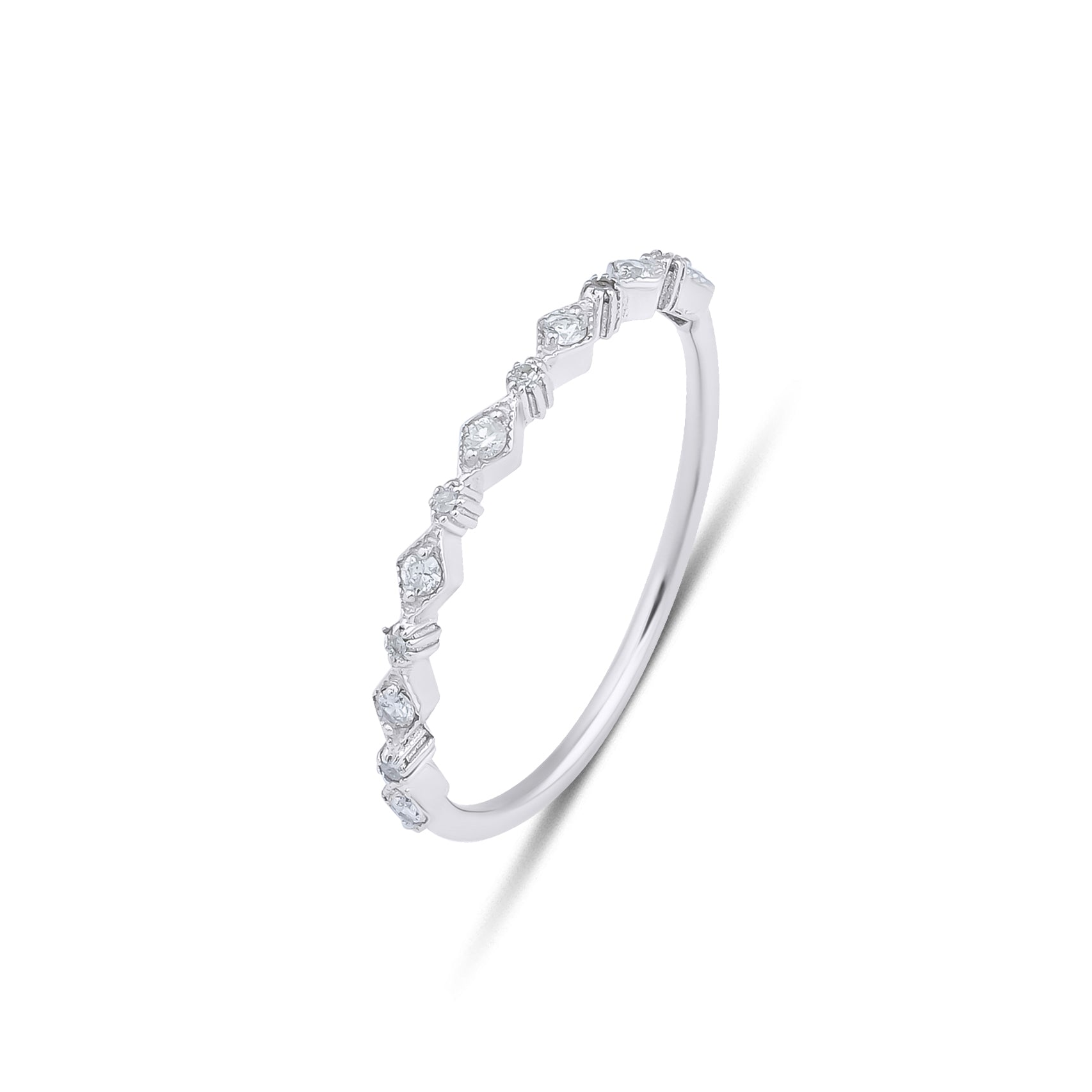 14K white gold minimalist diamond ring featuring 13 round diamonds totaling 0.10 carats, elegant design for everyday wear.