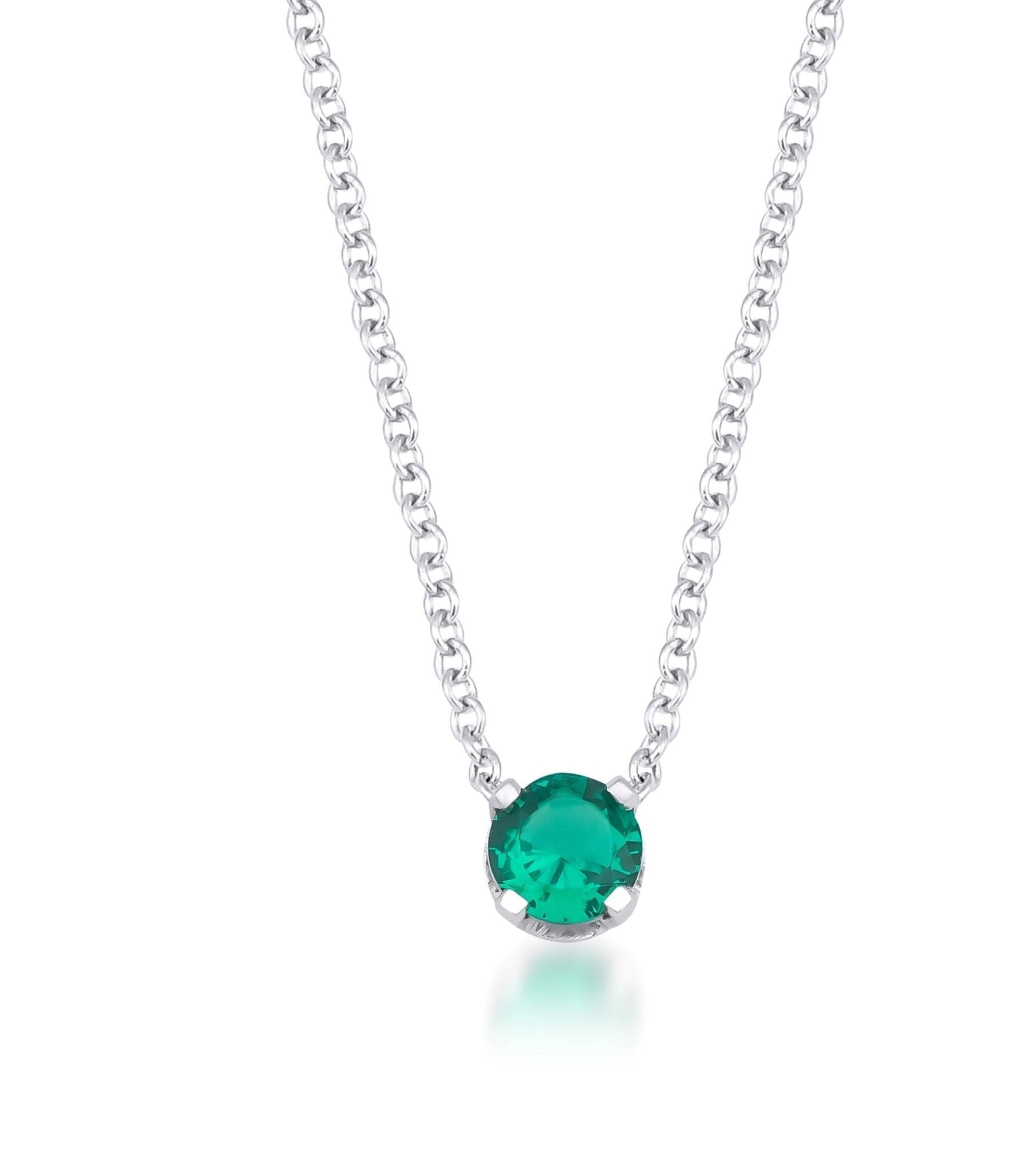 14K white gold minimalist solitaire emerald necklace with 5mm prong setting, perfect for everyday wear.
