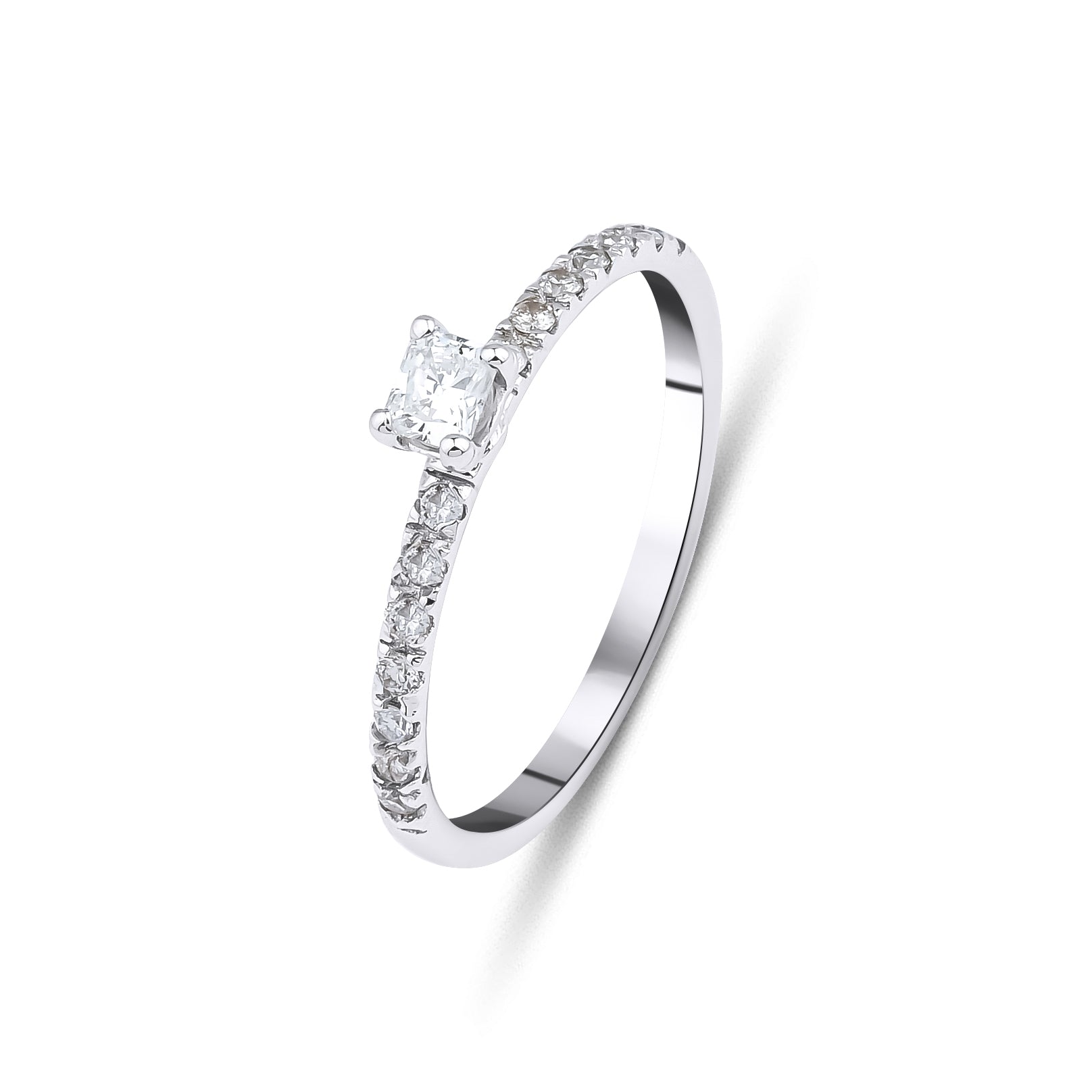 14K white gold emerald cut diamond engagement ring featuring round diamonds and a sleek design.