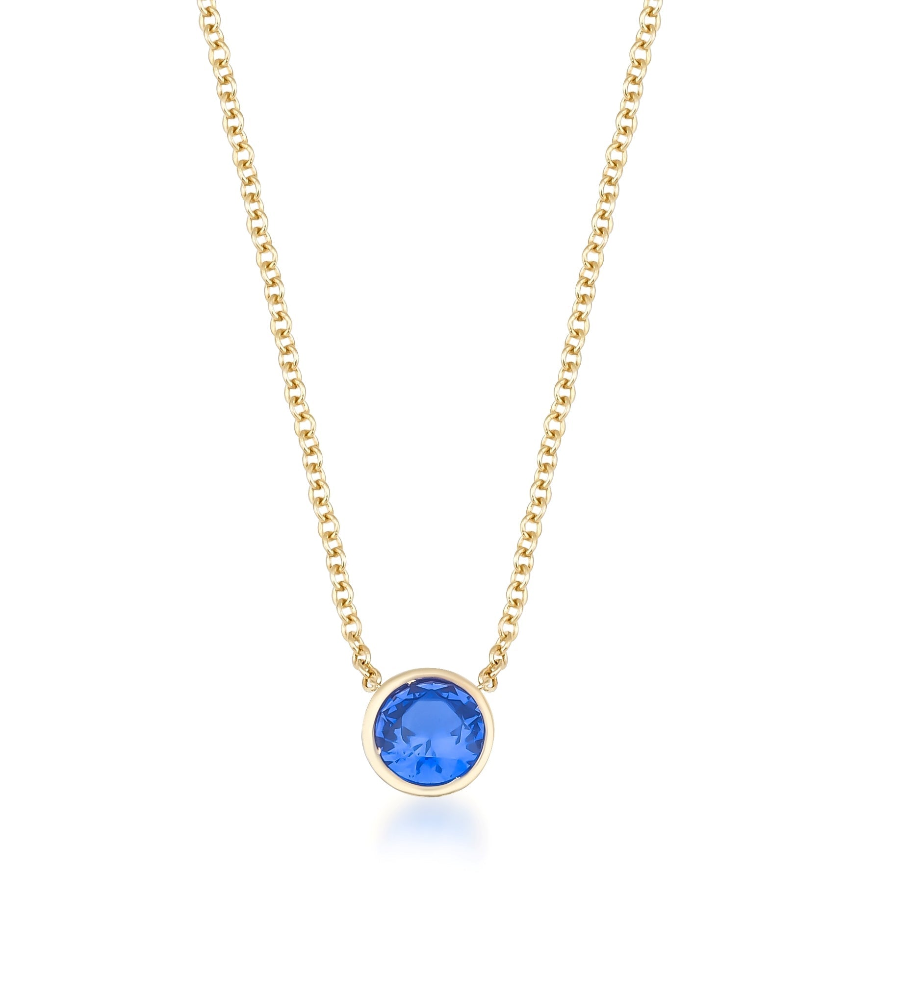 14K white gold 4mm bezel set solitaire sapphire necklace on a delicate chain, showcasing a minimalist design.