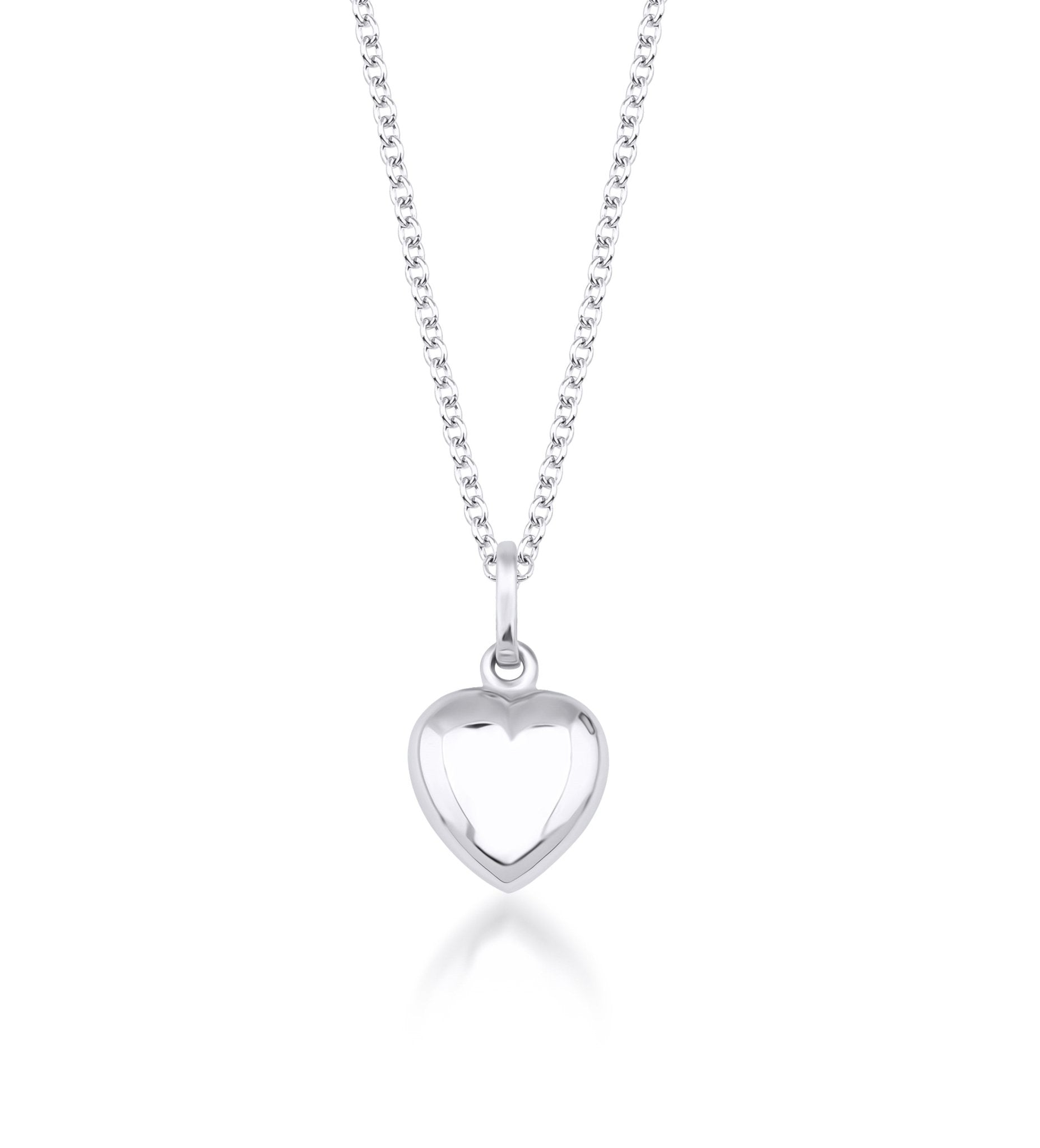 14K white gold shiny puffed heart necklace, delicate heart pendant on a chain, perfect for everyday wear.