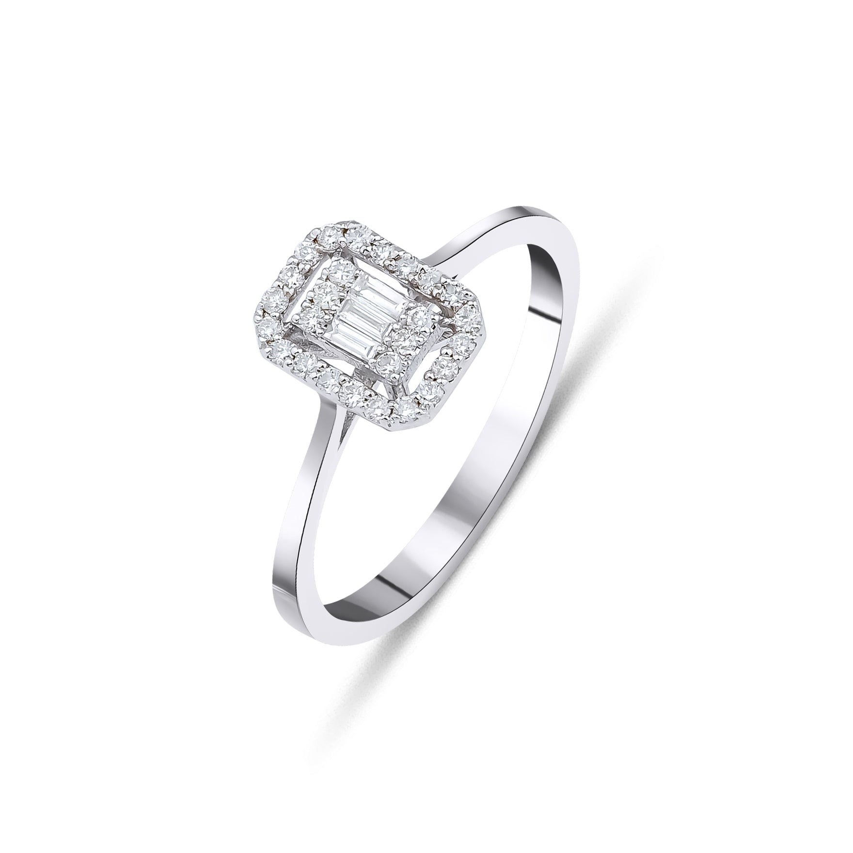 14K white gold women's baguette diamond ring with round diamonds, total 0.20 carats, F-G color, SI clarity, elegant design.