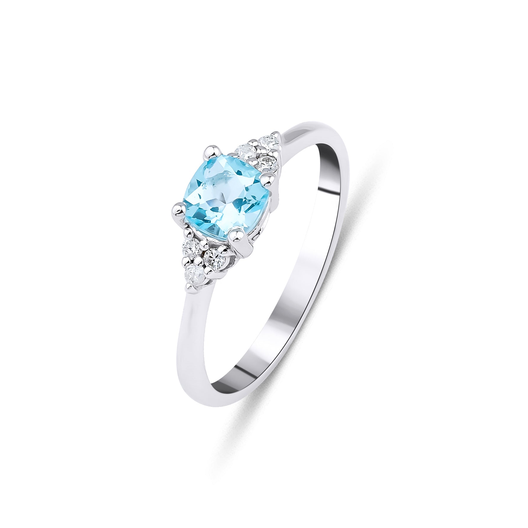 14K white gold women's cushion cut aquamarine and diamond ring with 0.55 carat aquamarine and 0.10 carat diamonds.