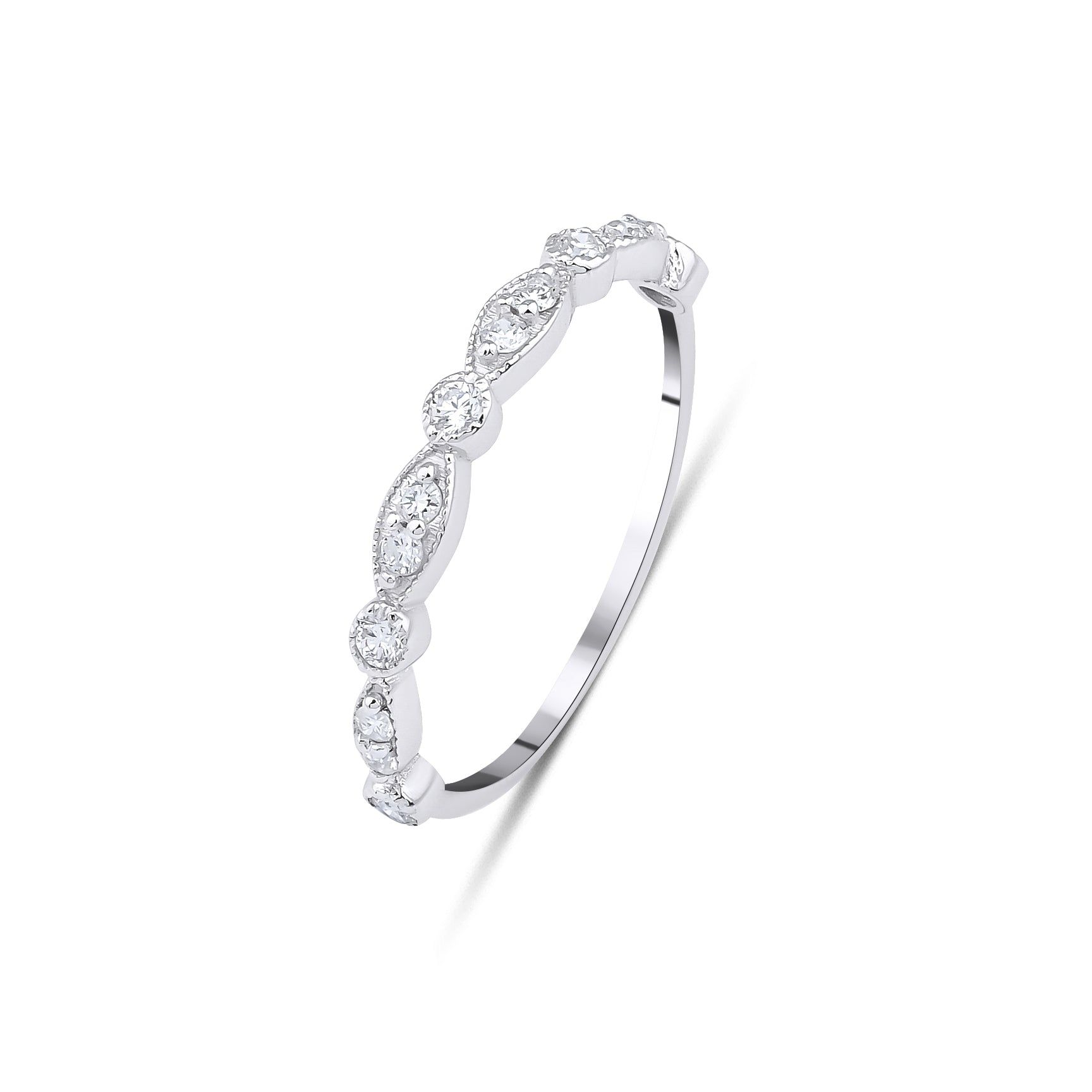 14K white gold women's diamond ring with 13 round diamonds and minimalist design, total 0.15 carat, SI clarity.