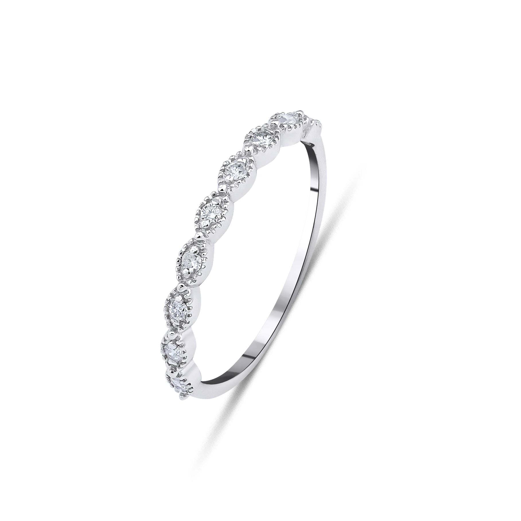 14K white gold women's diamond wedding ring featuring 9 round diamonds with total carat weight of 0.10 carats.