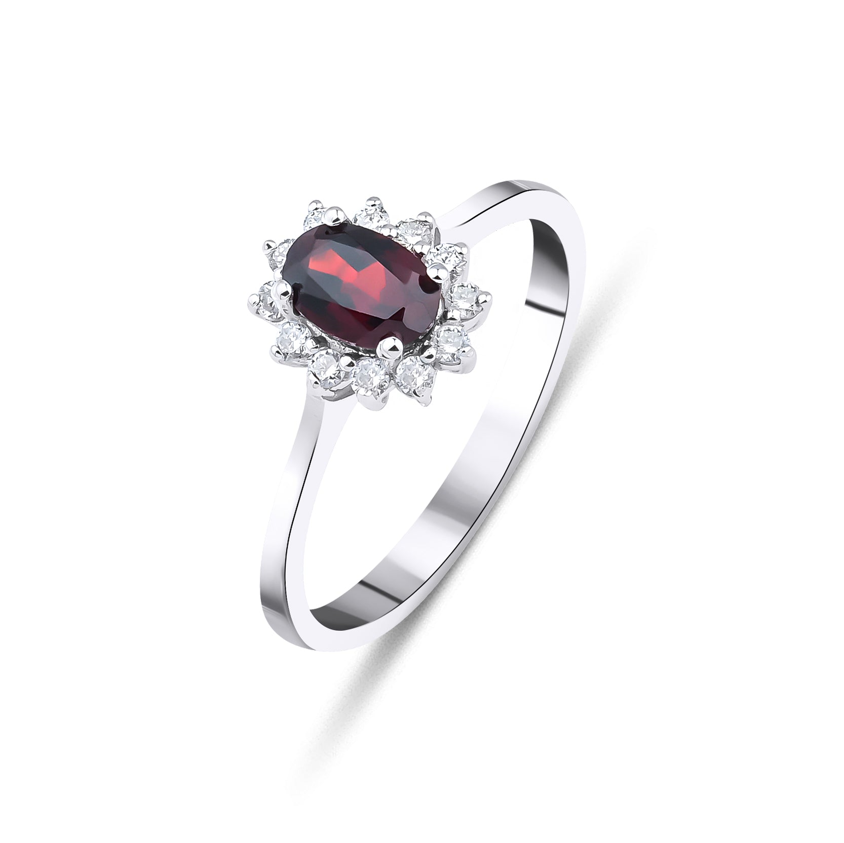 14K white gold women's oval garnet ring surrounded by round diamonds, elegant jewelry for special occasions.