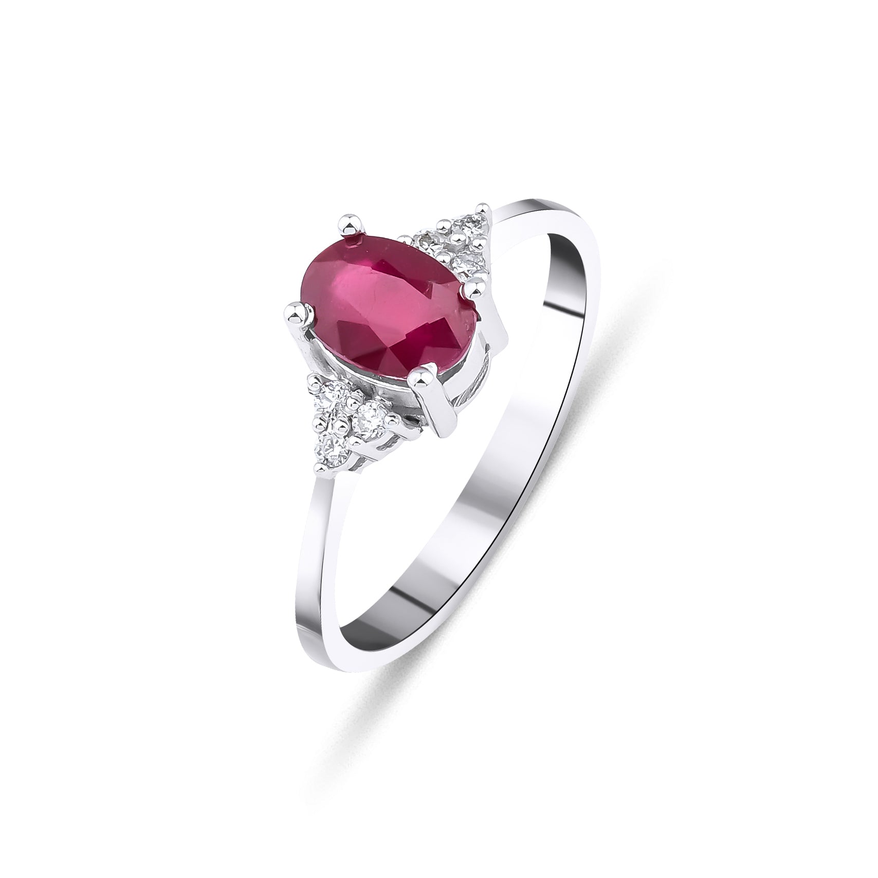 14K white gold womens oval ruby and diamond ring with 1 carat ruby and 0.10 carats of F-G color diamonds.