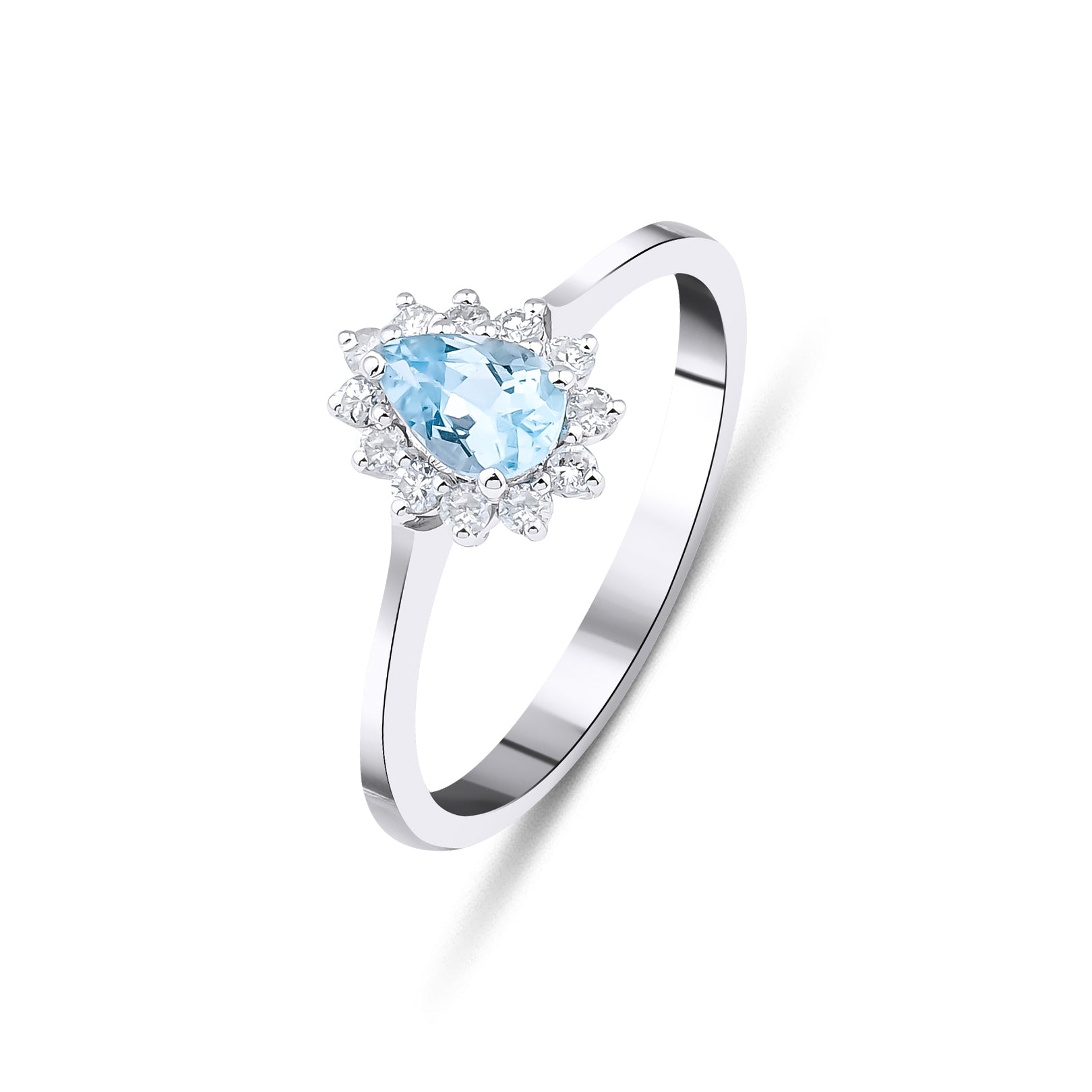 14K white gold women's pear shape aquamarine ring with diamond halo, 0.45ct aquamarine, 0.18ct diamond accents.