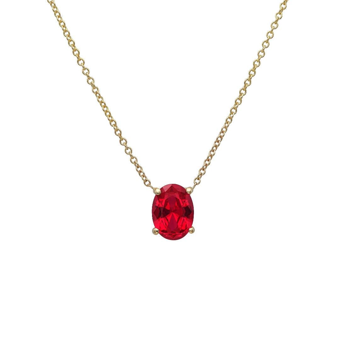 14K yellow gold necklace featuring a 1.75 carat oval solitaire lab-created ruby pendant.