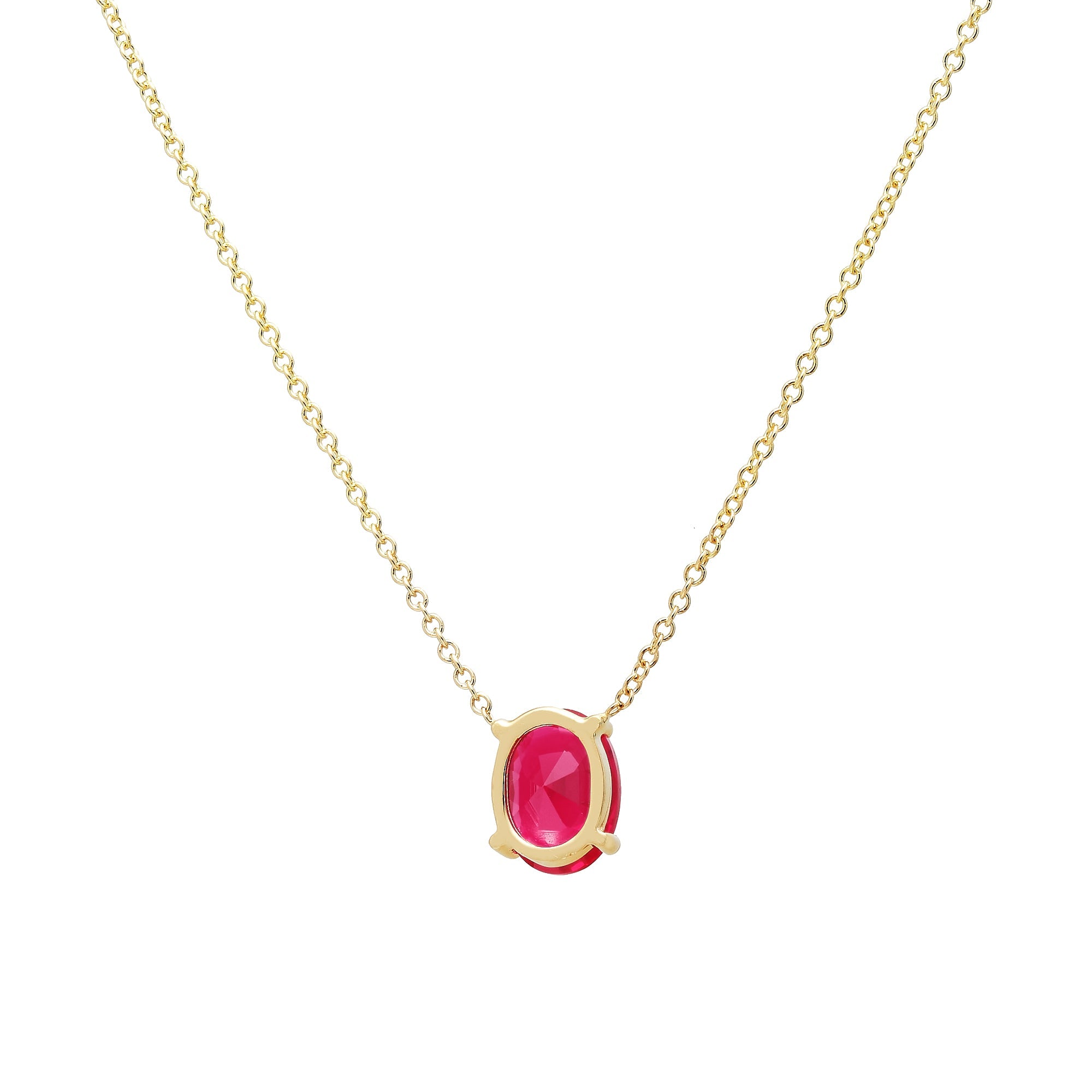 14K yellow gold necklace with an oval solitaire ruby pendant, elegant and minimalist design, perfect for everyday wear.