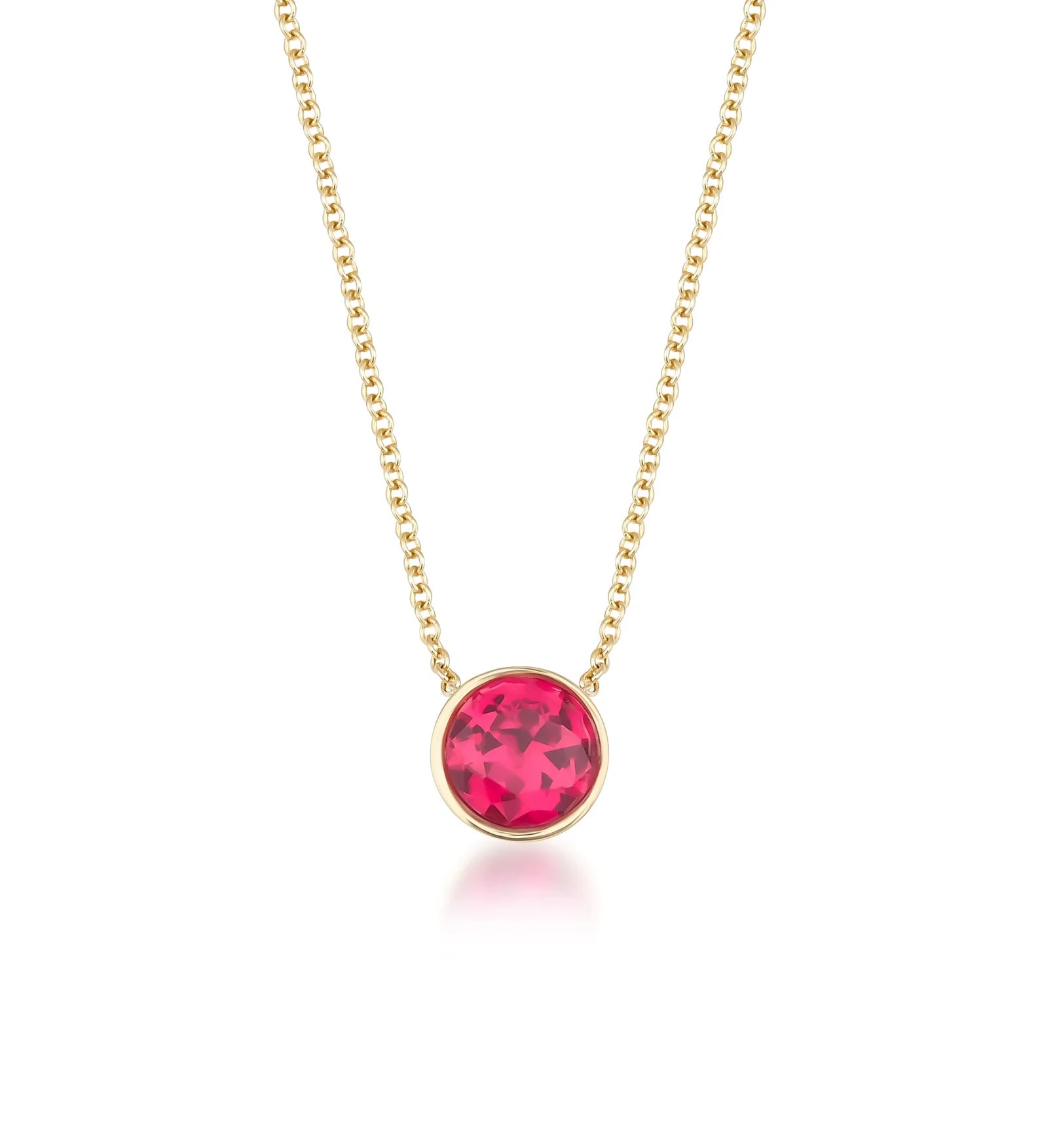 14K yellow gold necklace with a 4mm bezel set ruby solitaire pendant, minimalist design, July birthstone, elegant everyday wear.