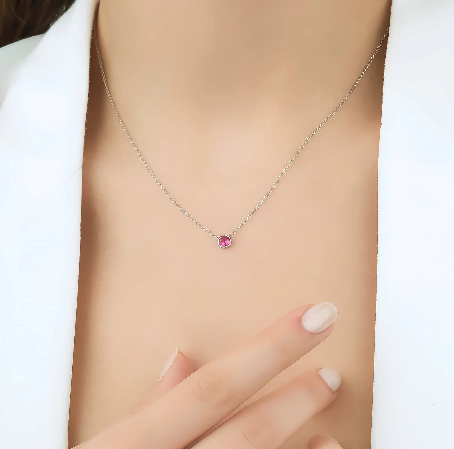 14K yellow gold 4mm bezel set ruby solitaire necklace, minimalist design, perfect for everyday wear and July birthstone.