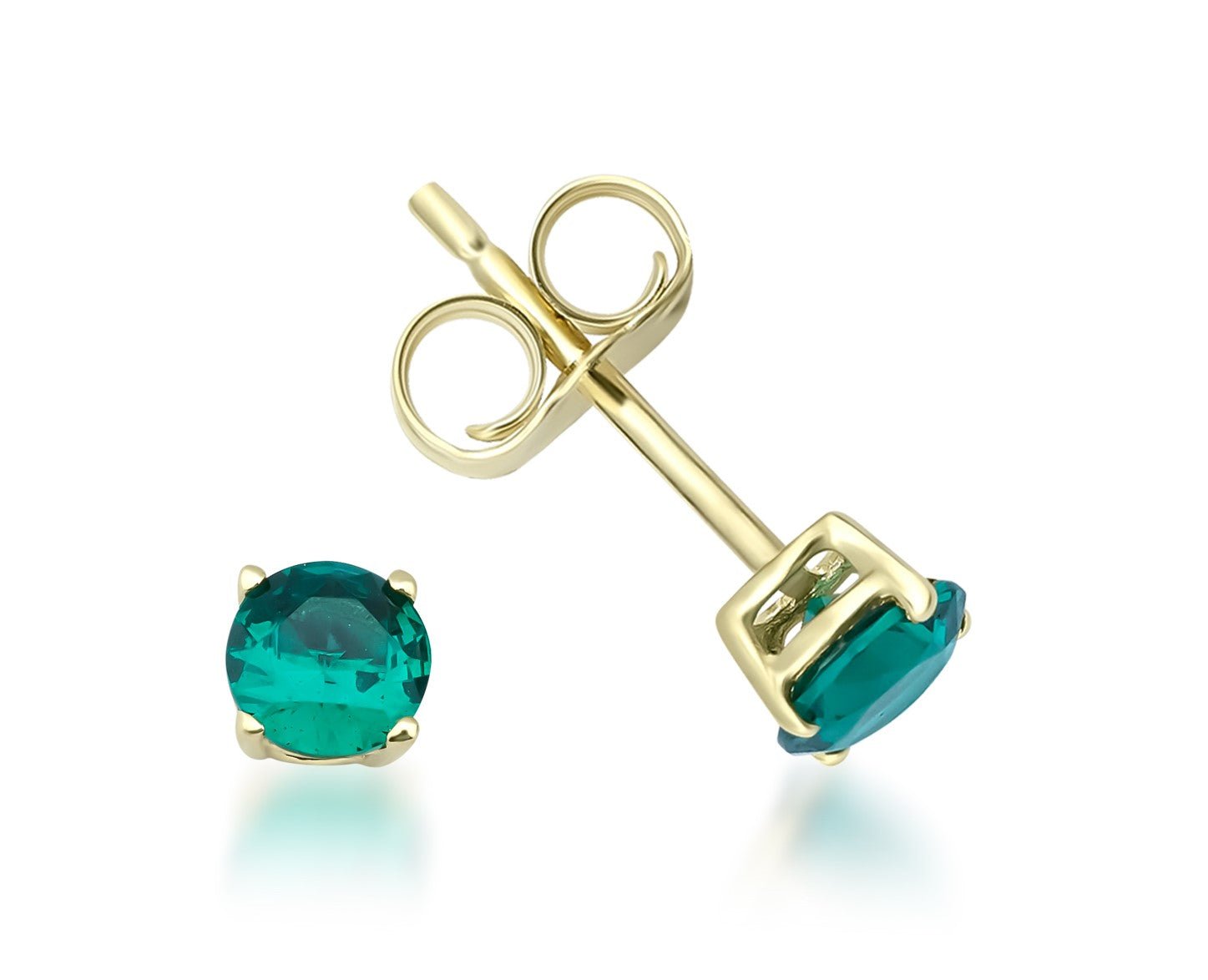 14K yellow gold 4mm round emerald stud earrings, lab-created, 0.50 carat, perfect for everyday wear.