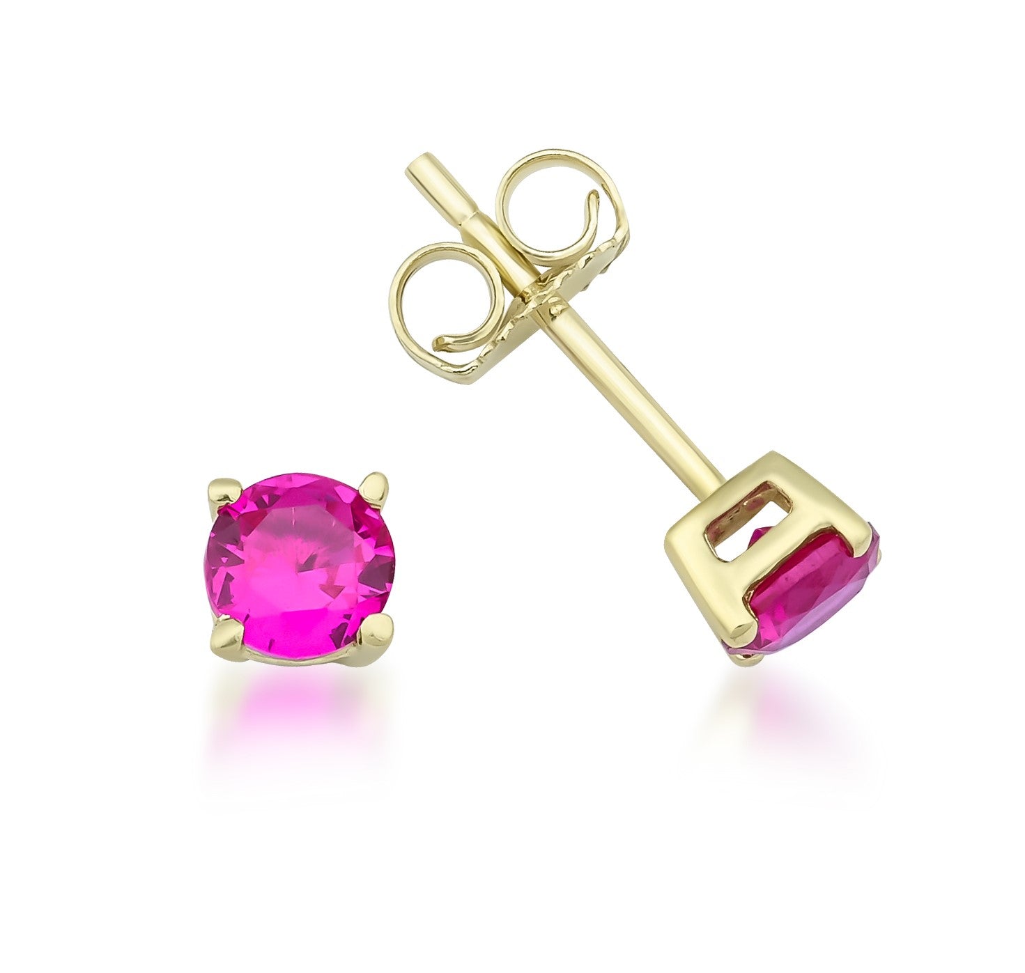 14K yellow gold 4mm round ruby stud earrings, featuring 0.50 carat lab-created ruby gemstones, perfect for everyday wear.