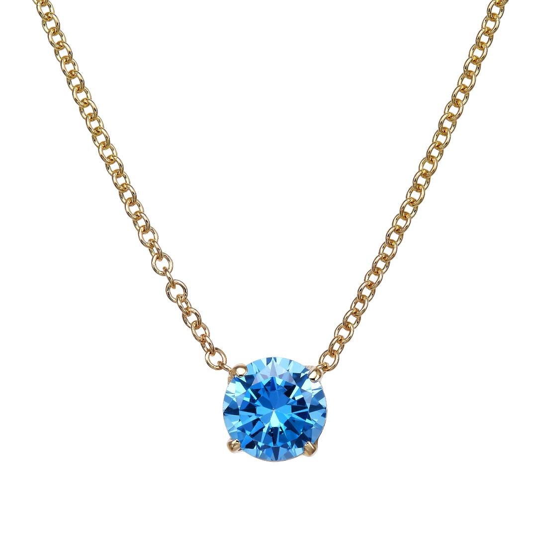 14K yellow gold 5mm blue aquamarine solitaire necklace with a minimalist design, perfect for everyday wear.