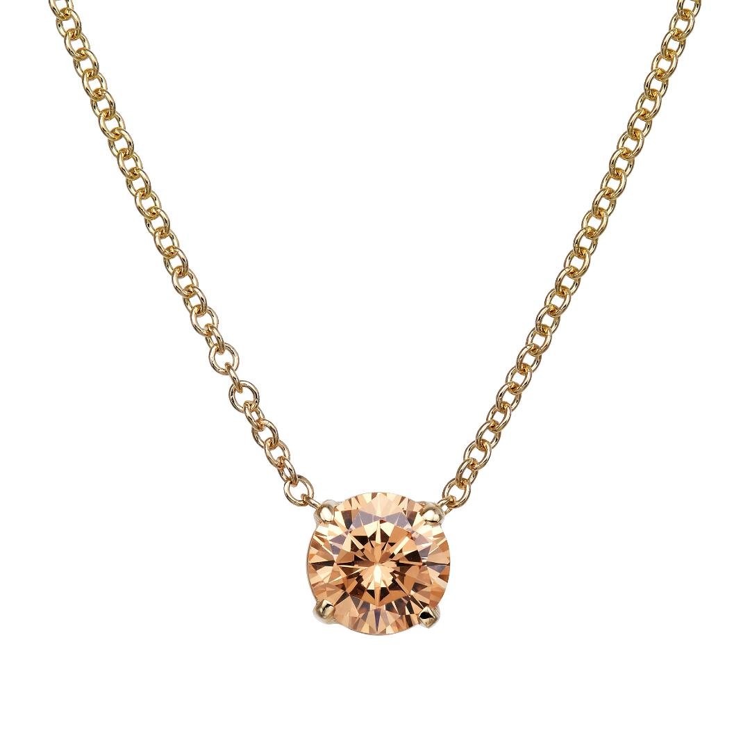 14K yellow gold 5mm champagne color solitaire necklace with a delicate chain, perfect for a minimalist everyday look.