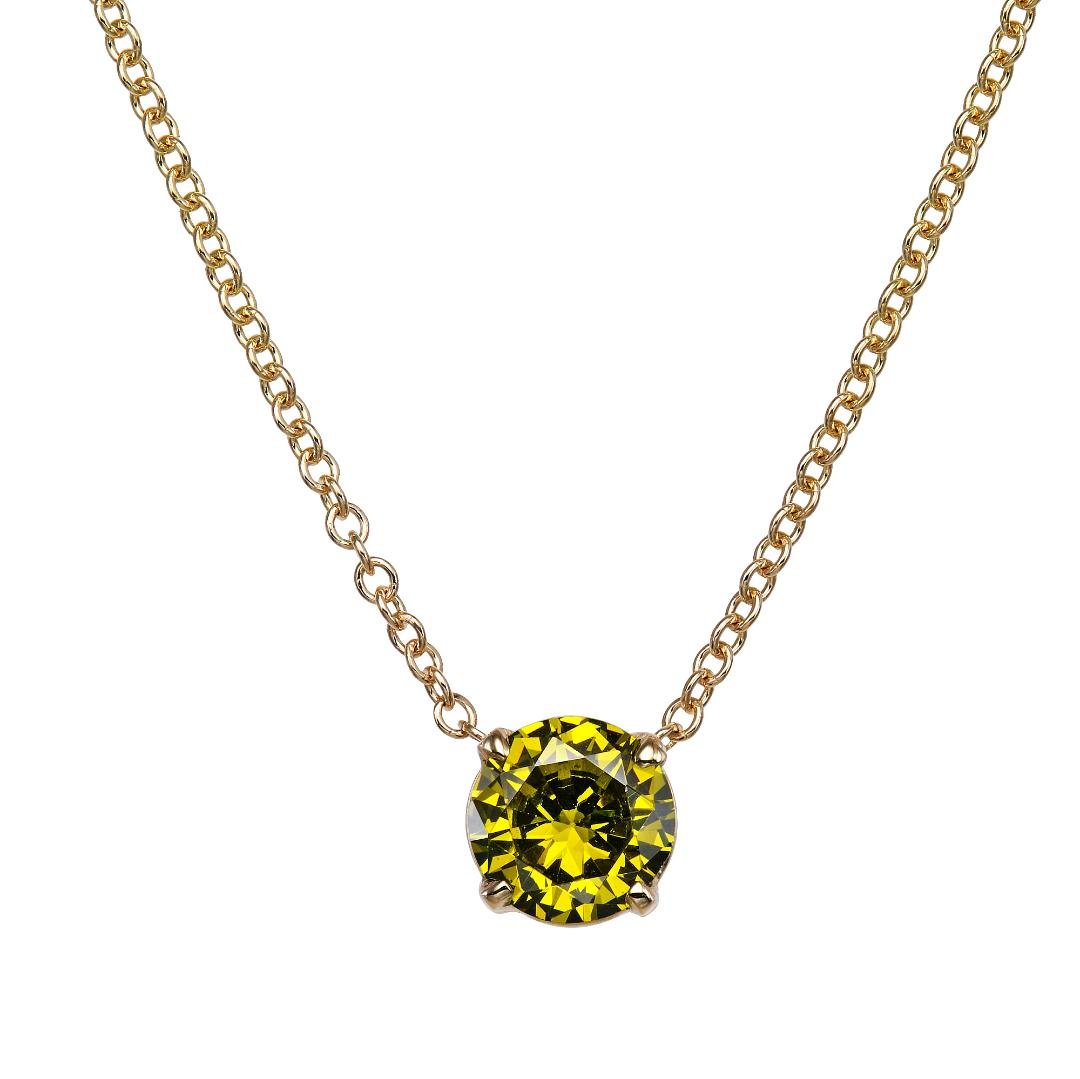 14K yellow gold 5mm green peridot solitaire necklace with a prong setting, perfect for everyday wear.