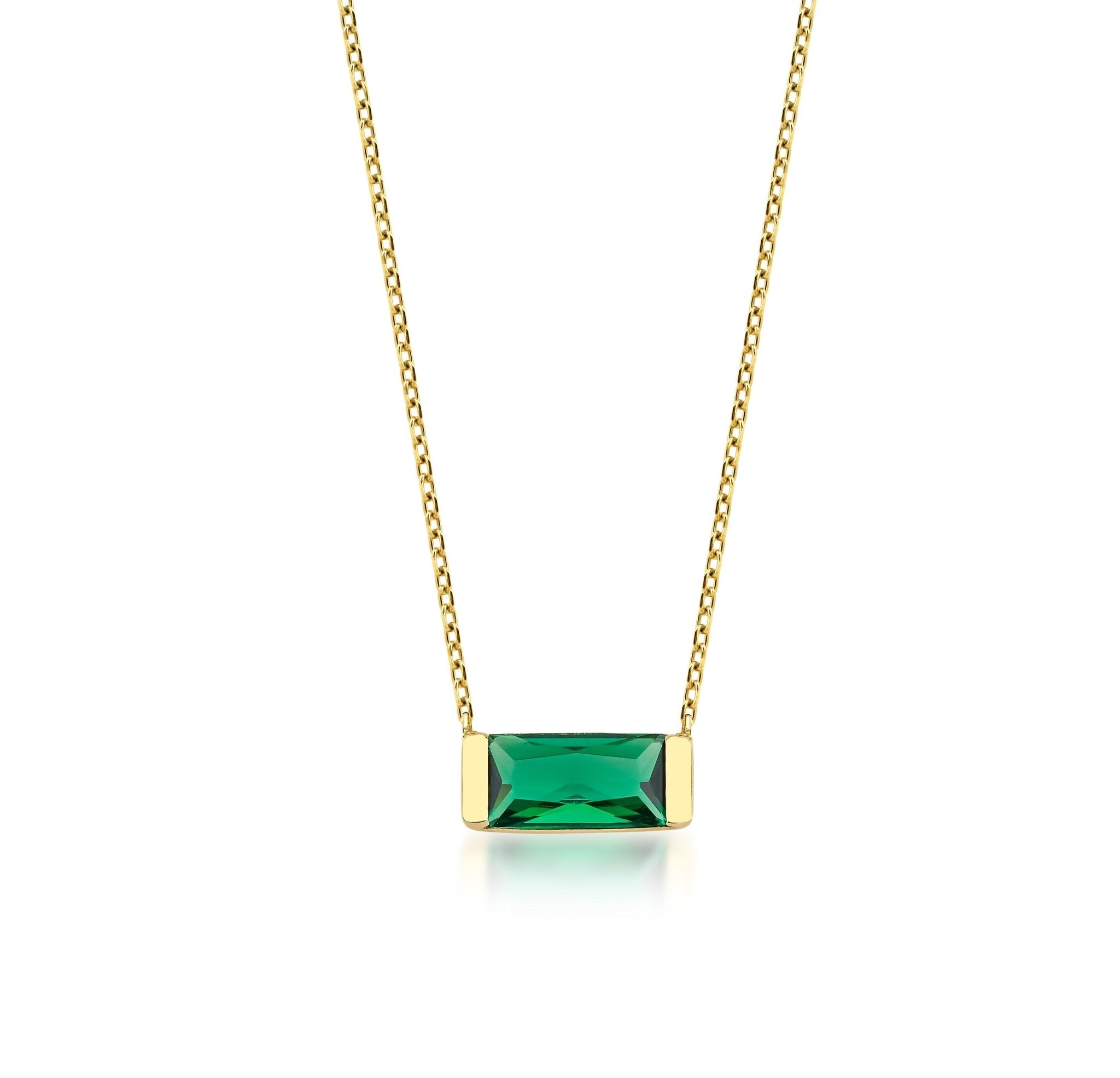 14K yellow gold baguette solitaire emerald necklace with a simple and elegant design, perfect for everyday wear.