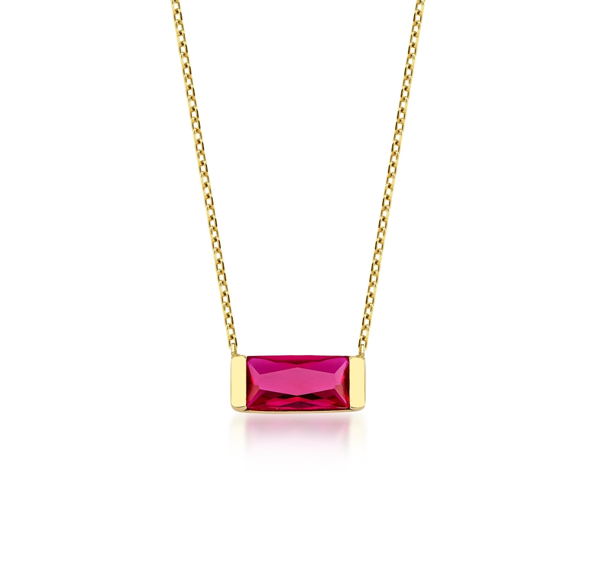 14K yellow gold baguette ruby necklace with a lab-created ruby pendant, perfect for everyday wear.