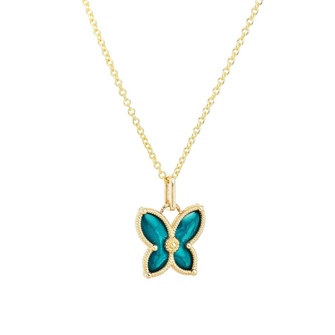 14K yellow gold butterfly pendant necklace with turquoise enamel, perfect for everyday elegance, comes in a gift box.