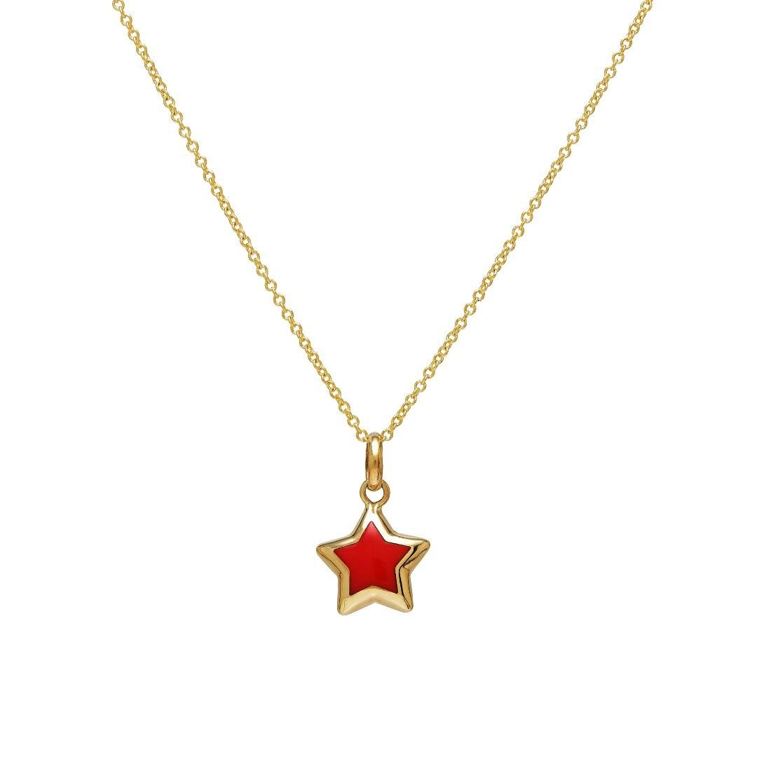 14K yellow gold necklace with red coral star pendant, elegant and dainty design, perfect for daily wear.