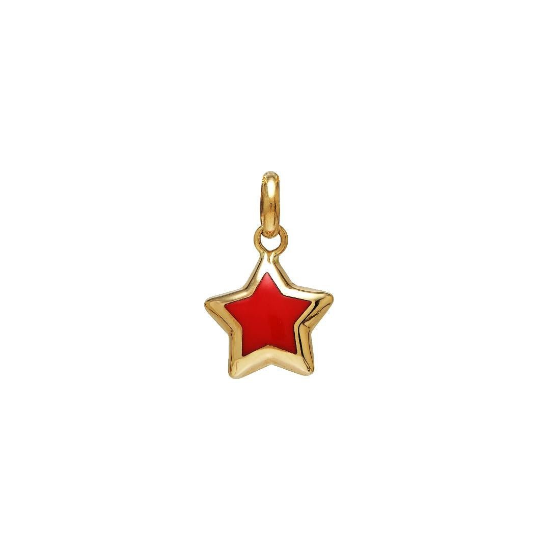 14K yellow gold coral puffed star pendant with red coral inlay, perfect for elegant everyday wear.