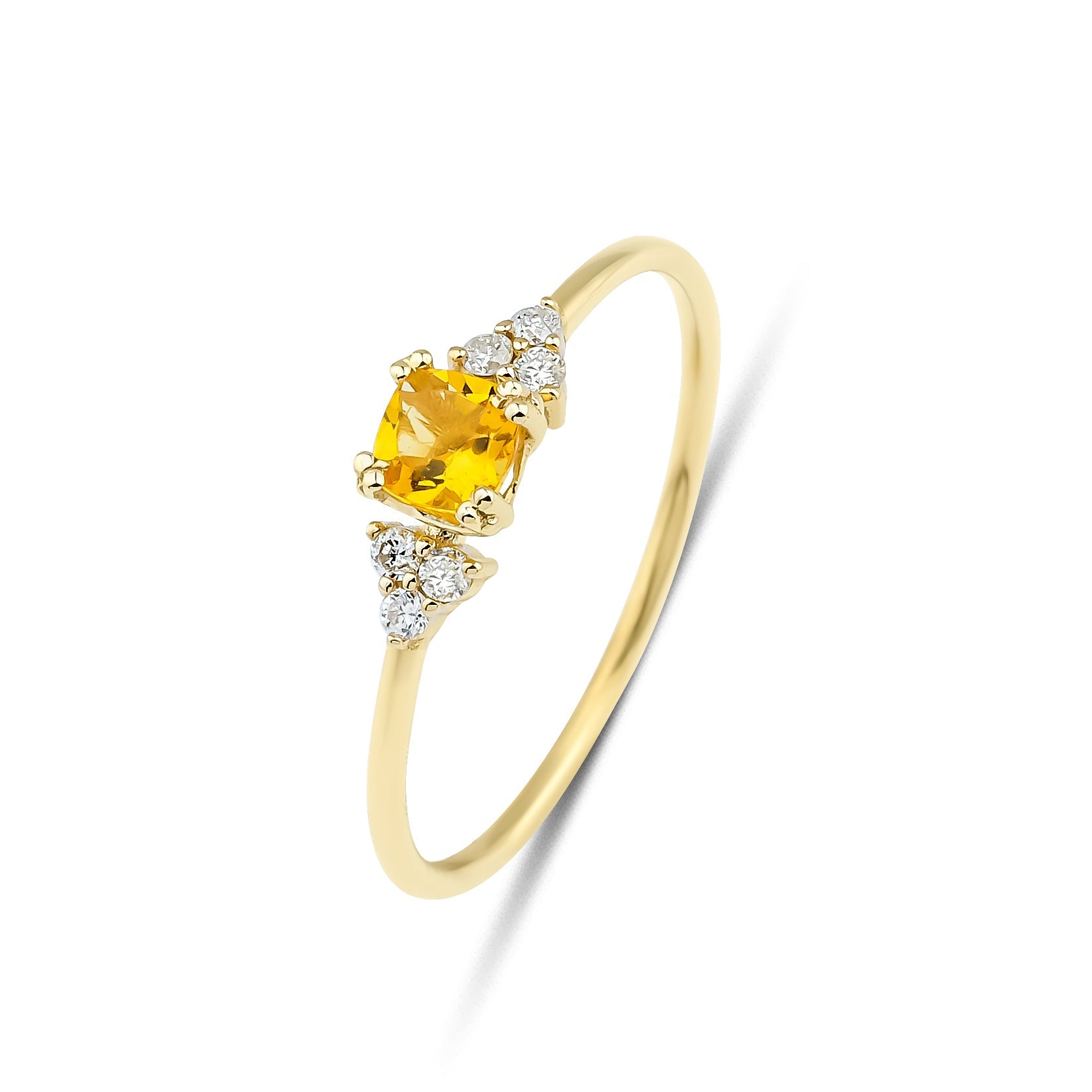 14K yellow gold ring featuring a 0.40 carat cushion cut citrine surrounded by 6 round diamonds.