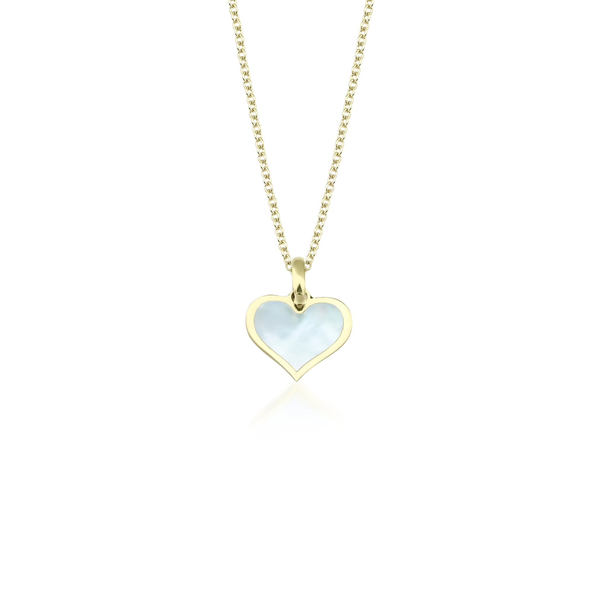 14K yellow gold minimalist heart necklace with natural mother of pearl pendant, perfect for everyday wear.