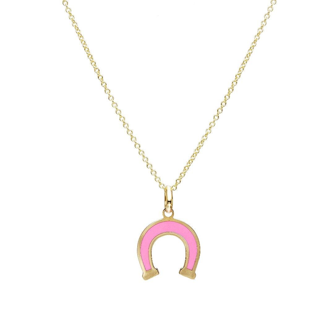 14K yellow gold dainty pink horseshoe necklace pendant on delicate chain, perfect for everyday wear.
