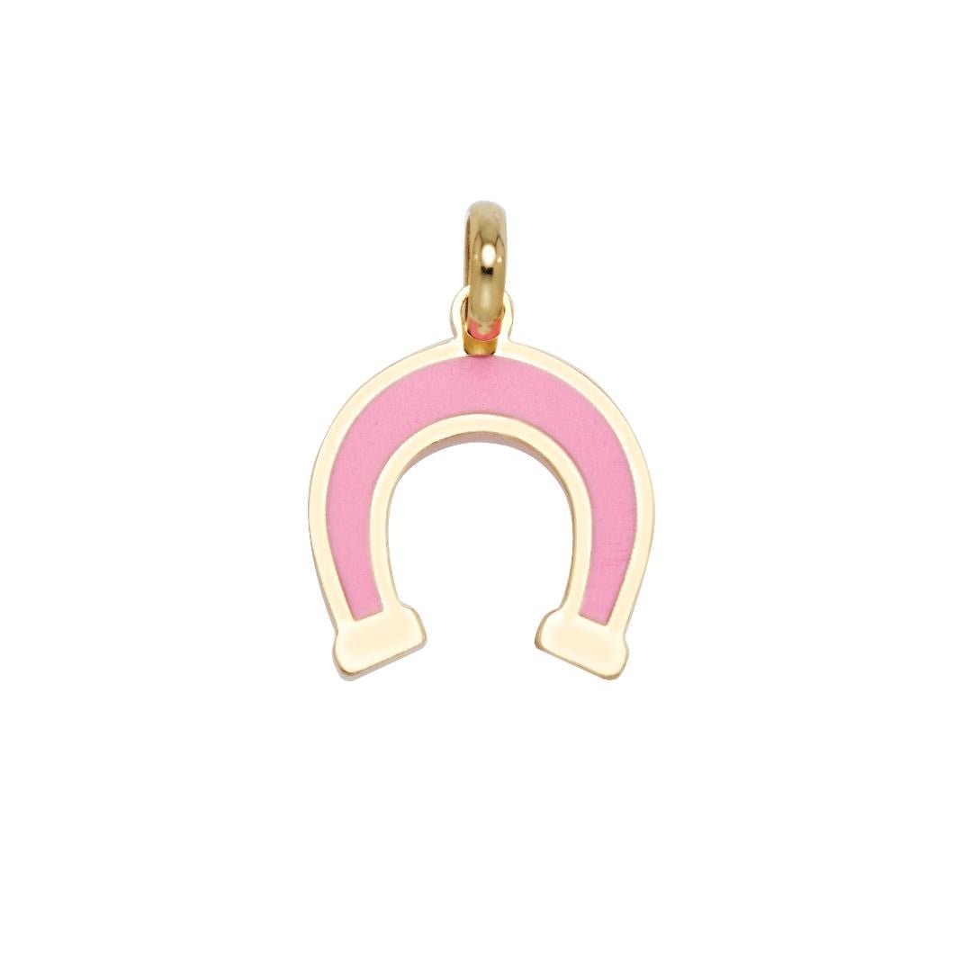 14K yellow gold dainty pink horseshoe pendant, perfect for everyday wear, packaged in a beautiful gift box.