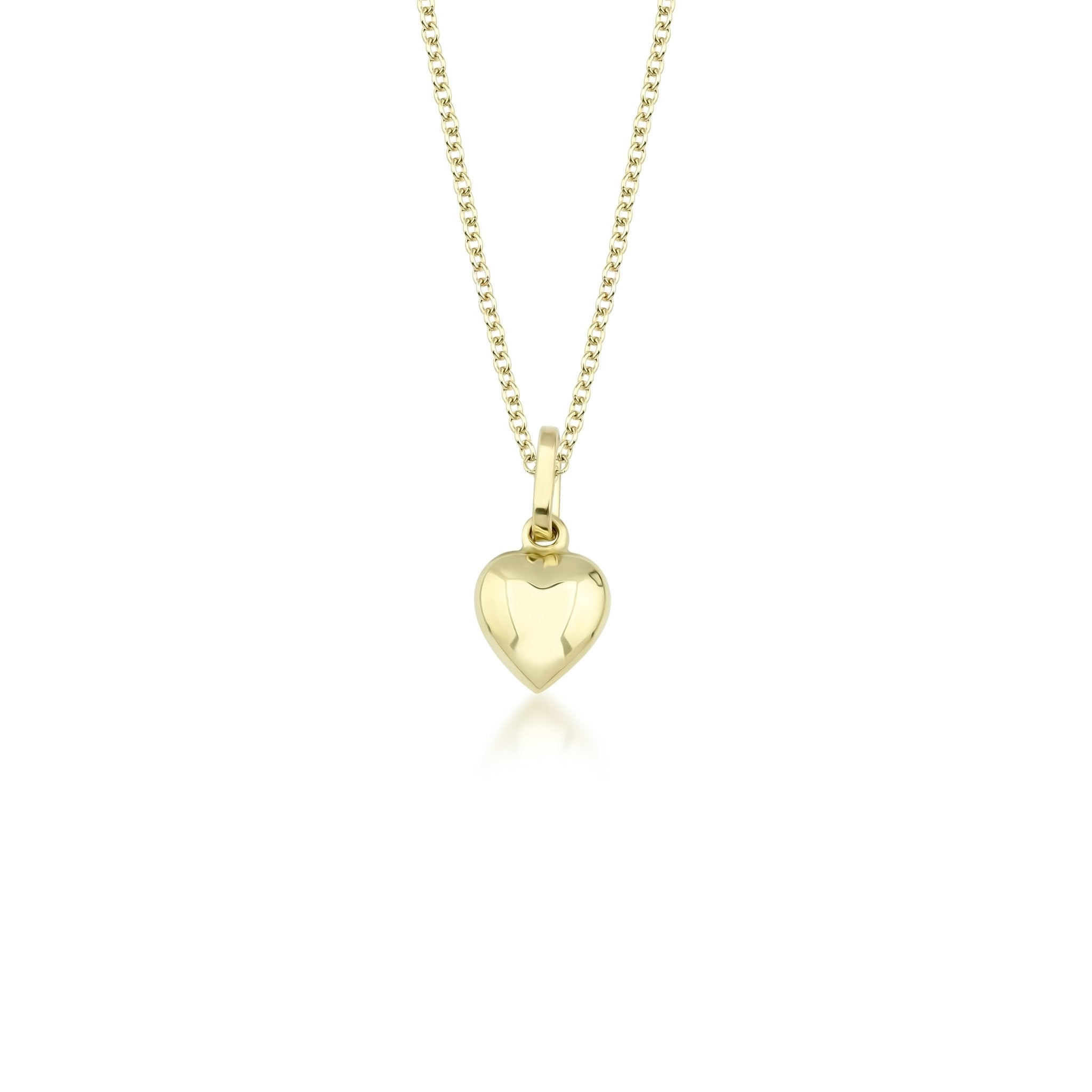 14K yellow gold dainty puff heart pendant necklace on a delicate chain, perfect for everyday wear.