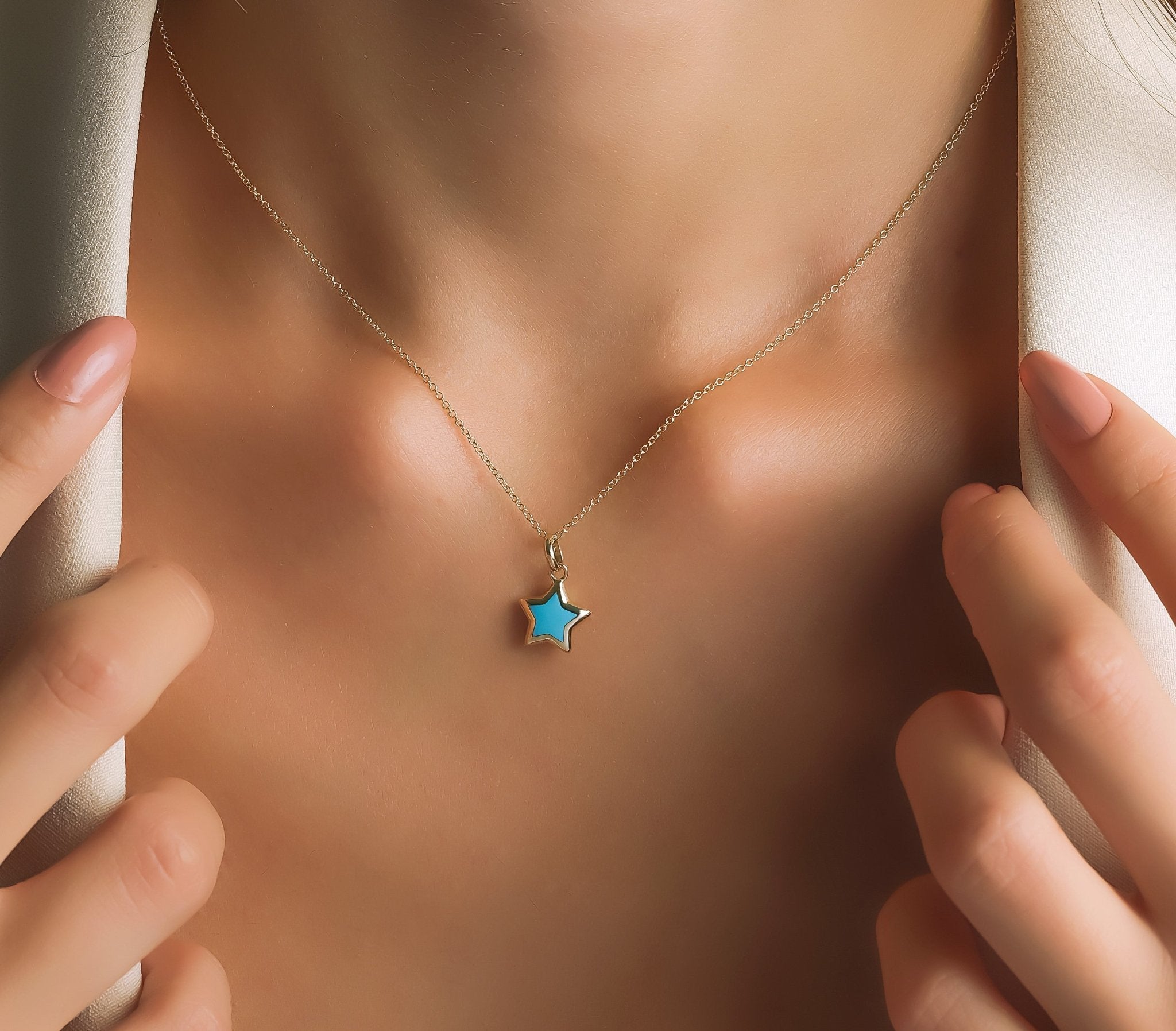14K yellow gold minimalist necklace featuring a turquoise puffed star pendant, perfect for everyday elegance.