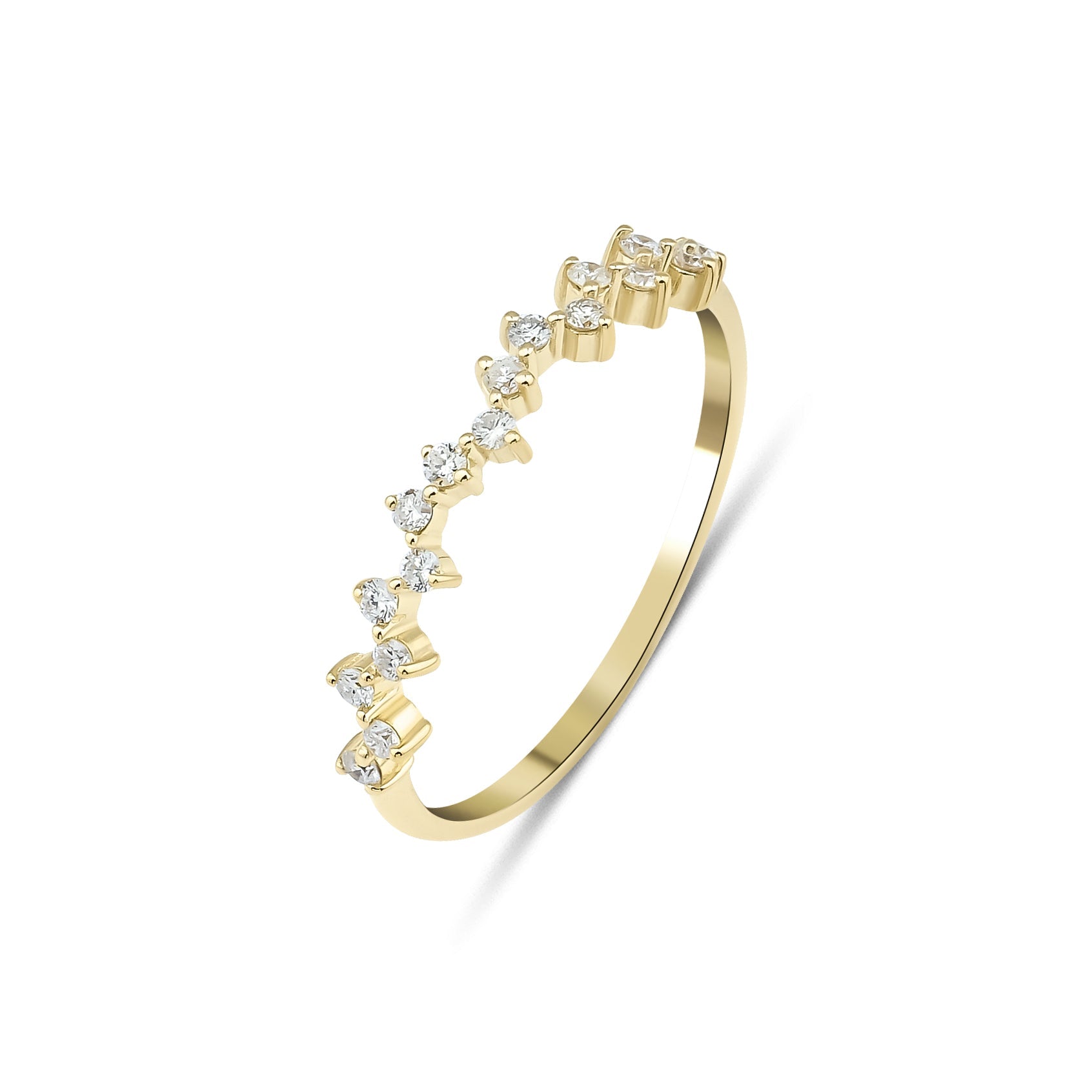 14K yellow gold diamond cluster ring featuring 17 round diamonds, shiny finish, perfect for everyday wear.