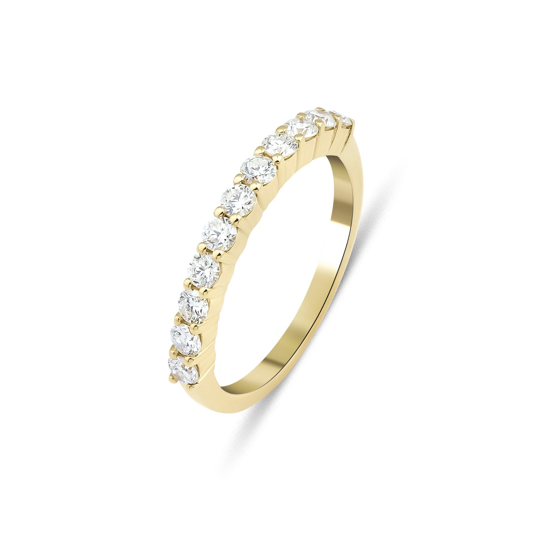 14K yellow gold half eternity diamond wedding ring featuring 11 round diamonds, total weight 0.55 carats, shiny finish.