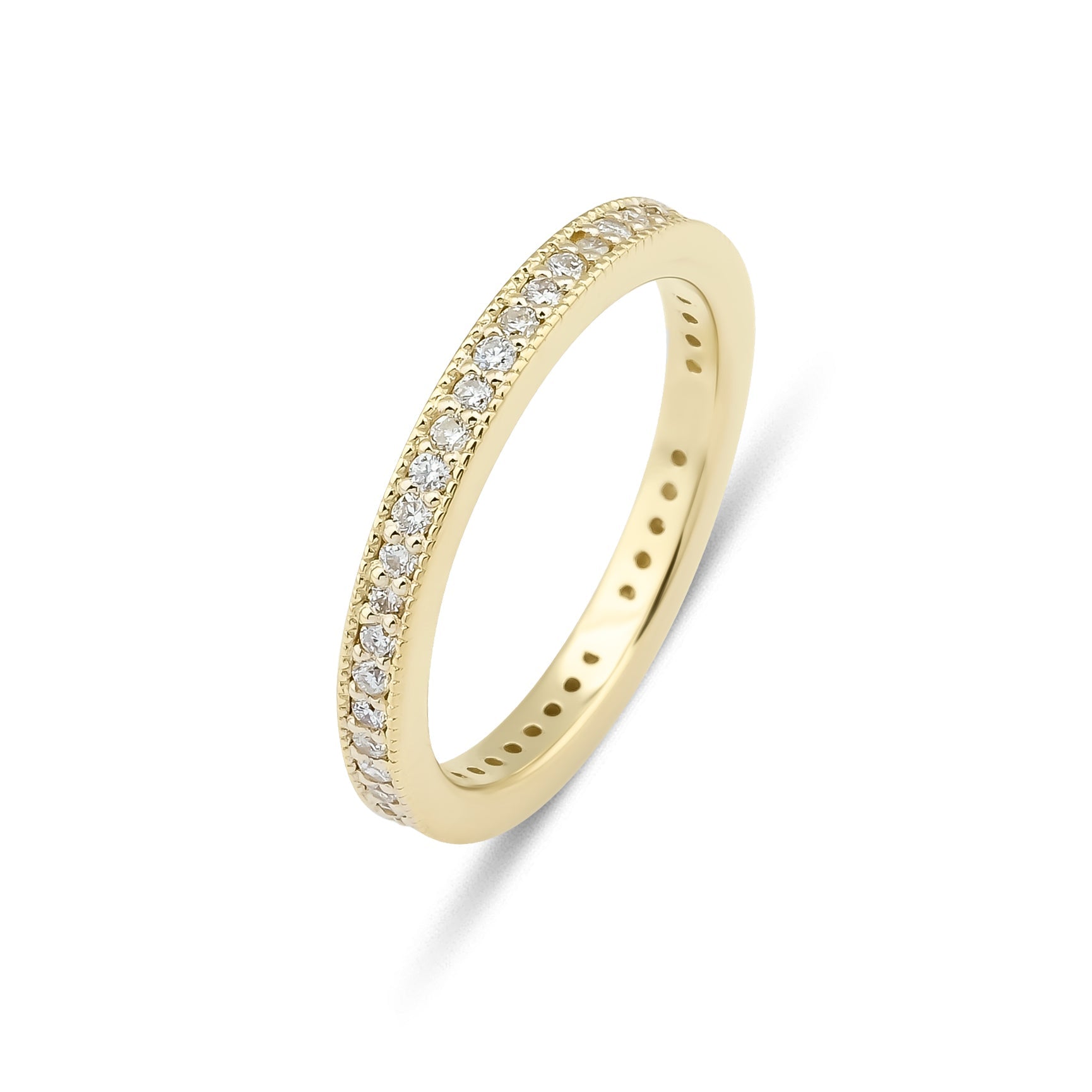 14K yellow gold full eternity diamond wedding band with 46 round diamonds totaling 0.46 carats, shiny finish.