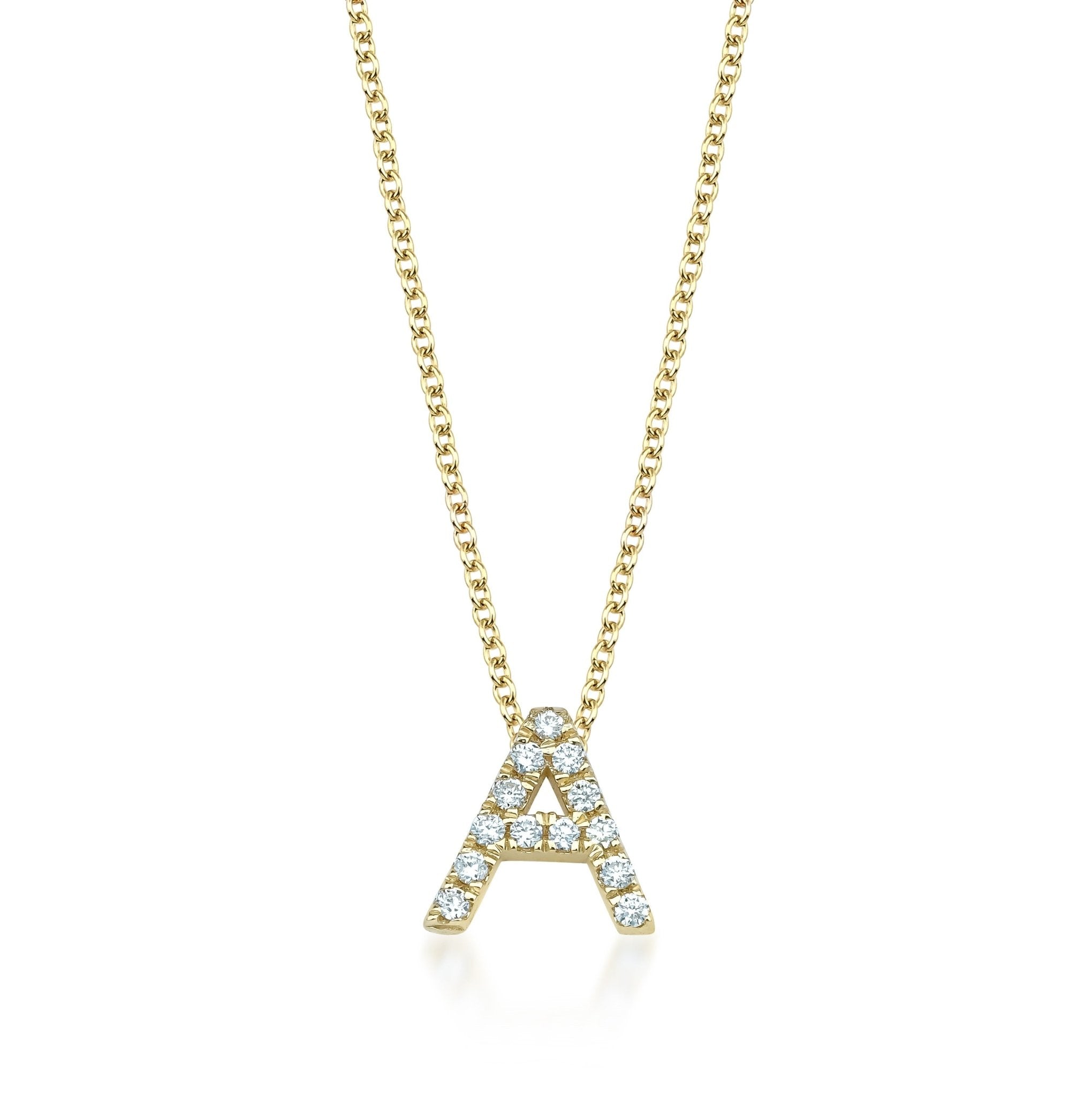 14K yellow gold initial necklace with diamond accents, showcasing the letter A, perfect as a gift or personal jewelry.