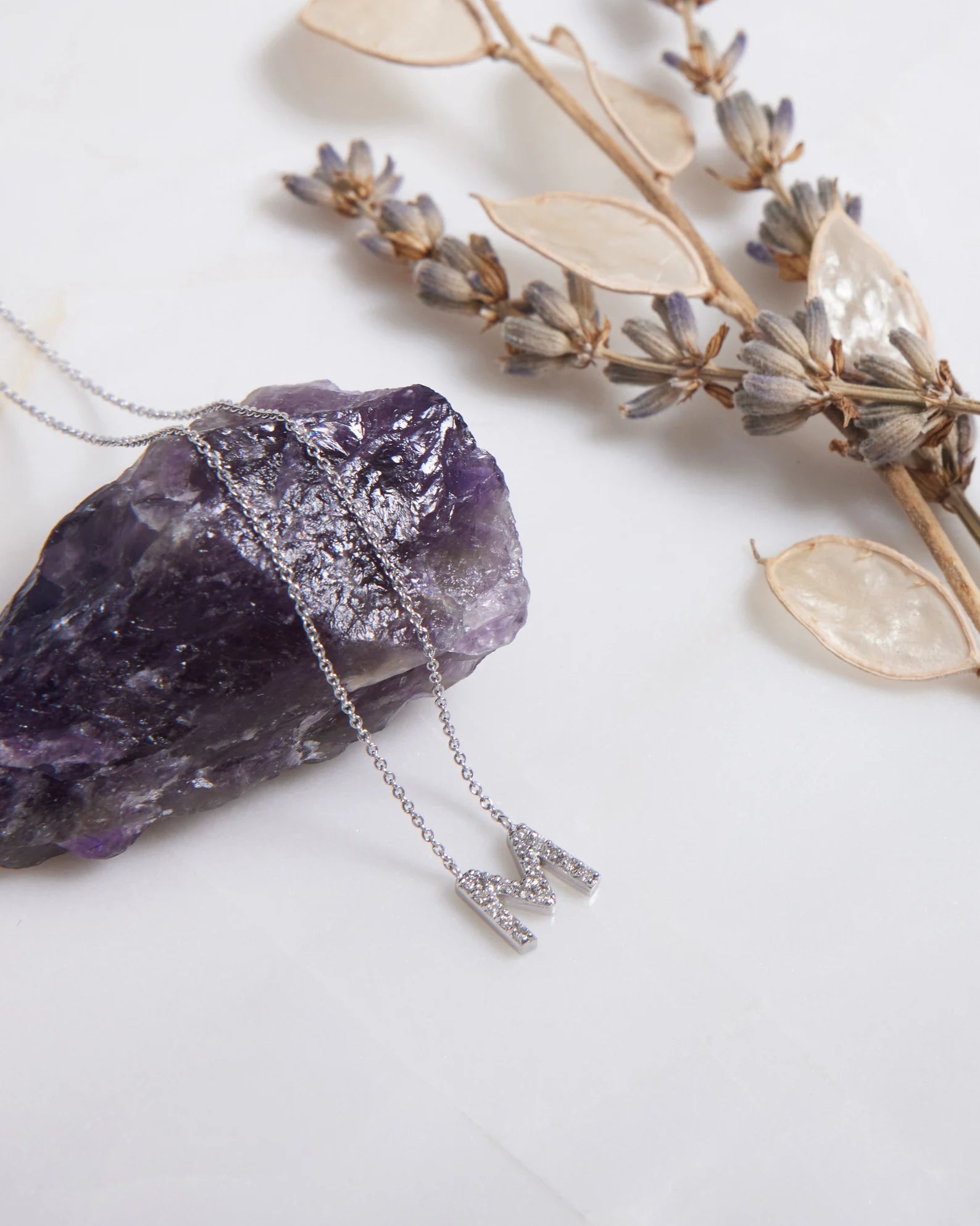 14K yellow gold diamond initial necklace, Letter M hanging on amethyst crystal with dried flowers, 16-inch delicate chain.