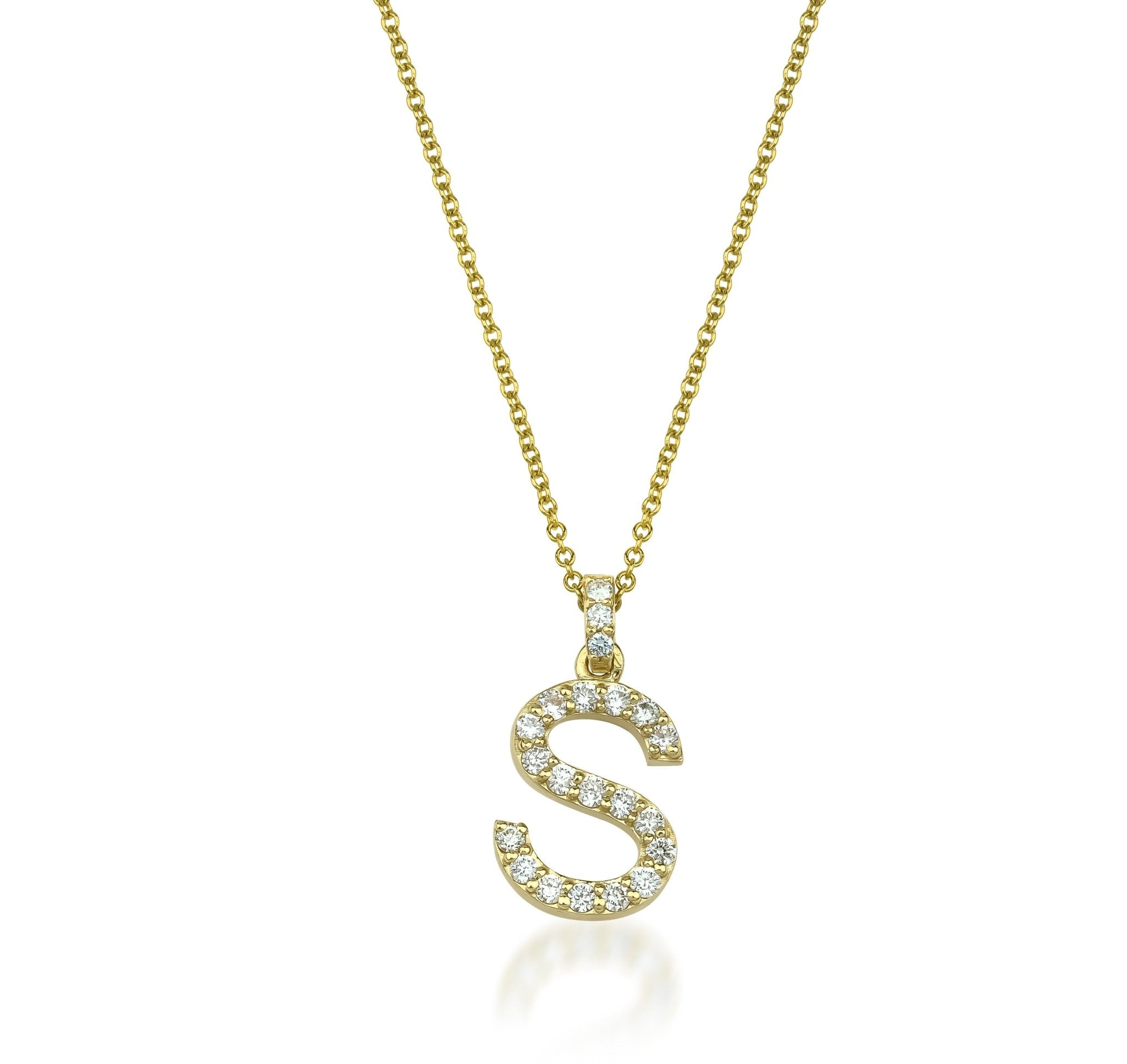 14K yellow gold initial necklace with sparkling natural diamonds forming letter S, 0.30 carats total diamond weight.