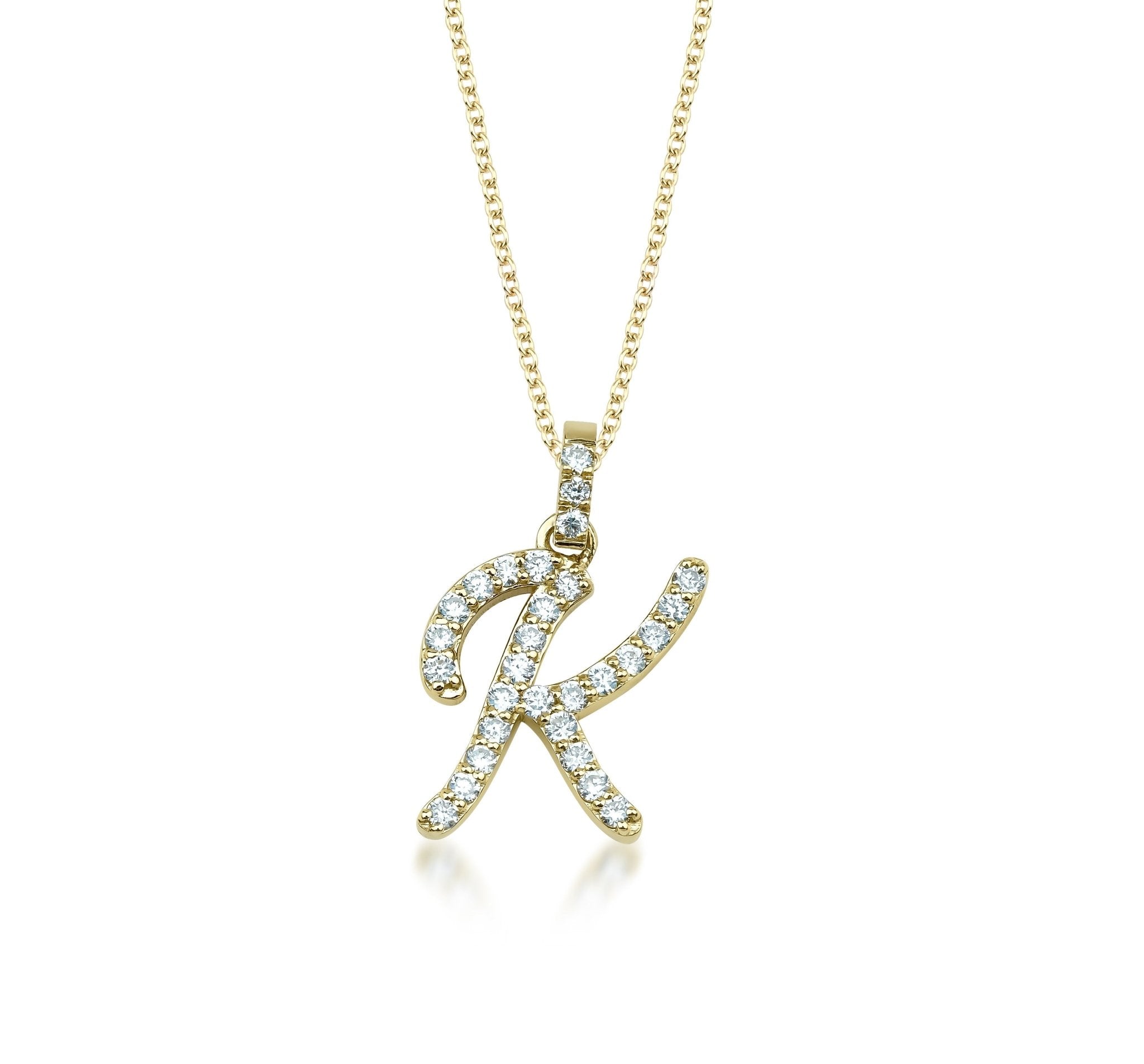 14K yellow gold initial necklace with diamond-encrusted letter K, 0.30 carats total diamond weight.