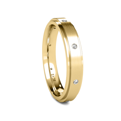 14K yellow gold wedding band with satin finish and 8 round brilliant cut diamonds, elegant design for men and women.