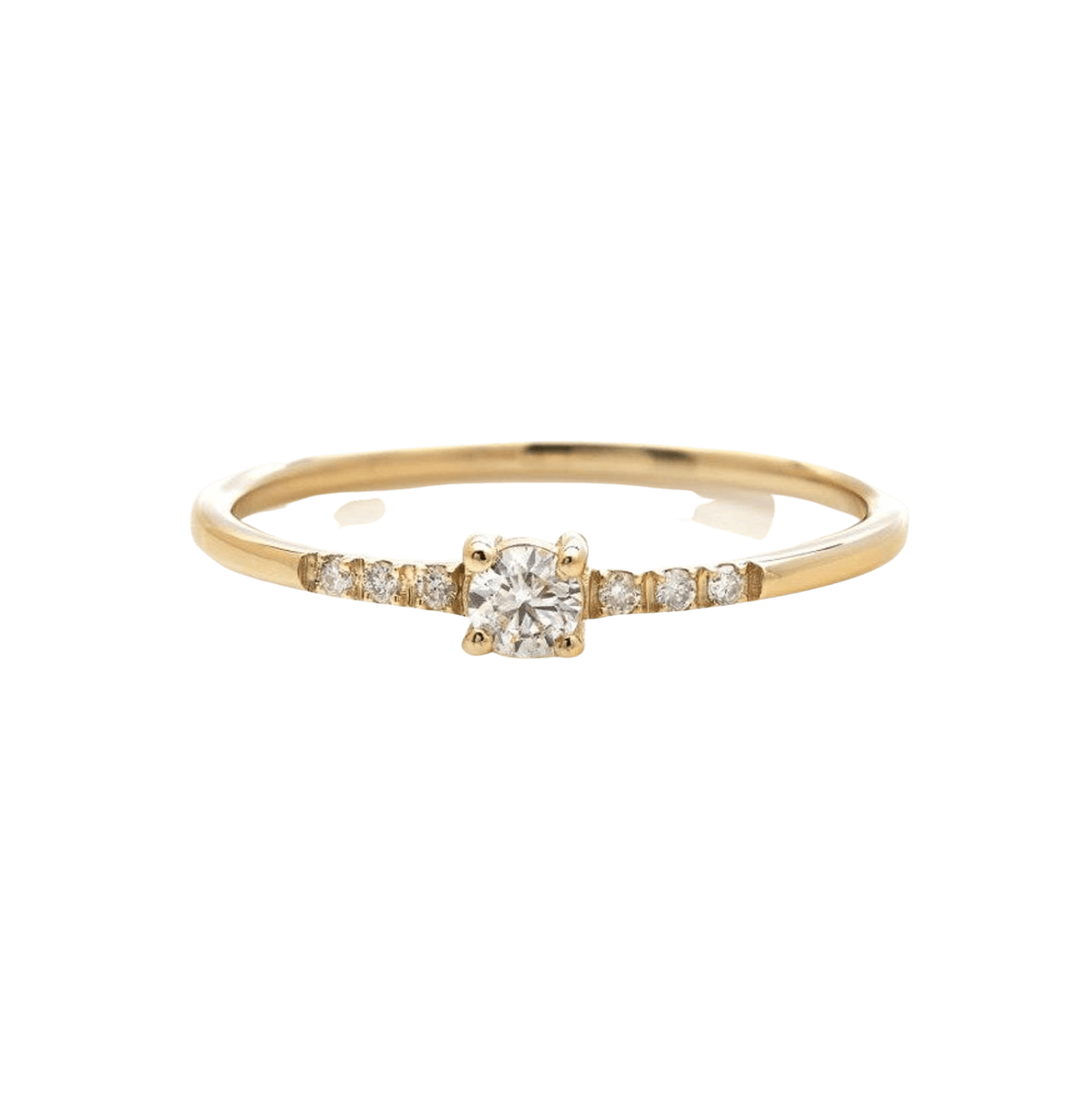 14K yellow gold minimalist solitaire diamond engagement ring featuring a central 3mm diamond and delicate side stones.