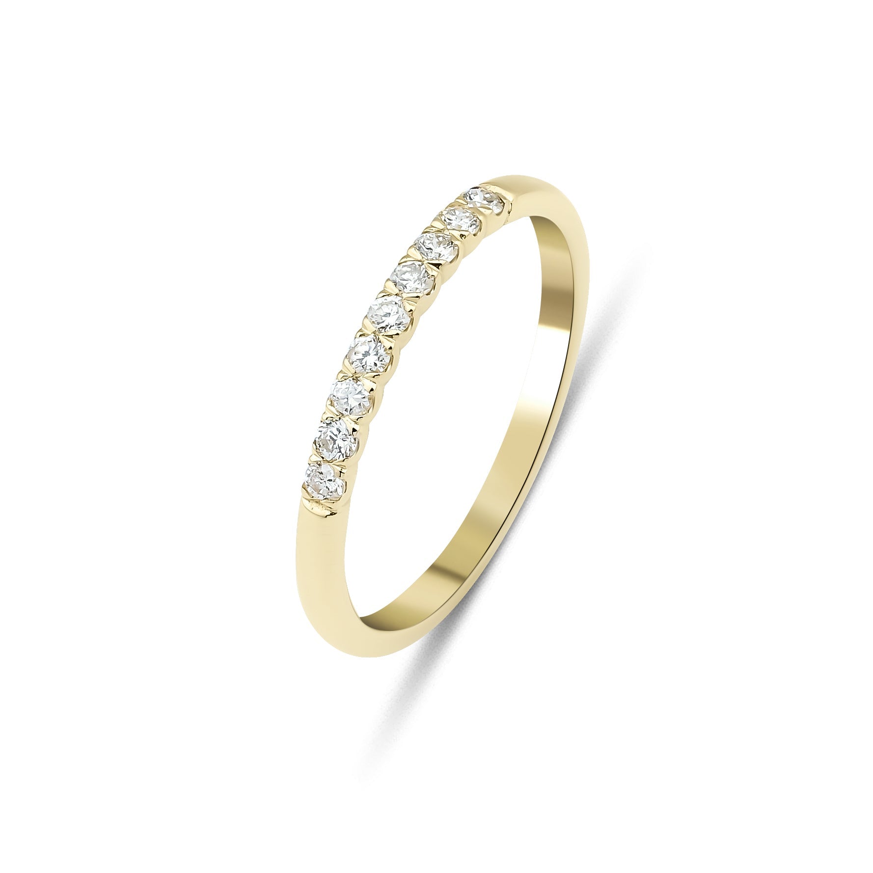 14K yellow gold wedding band featuring 9 round diamonds, totaling 0.18 carats, with a shiny finish.