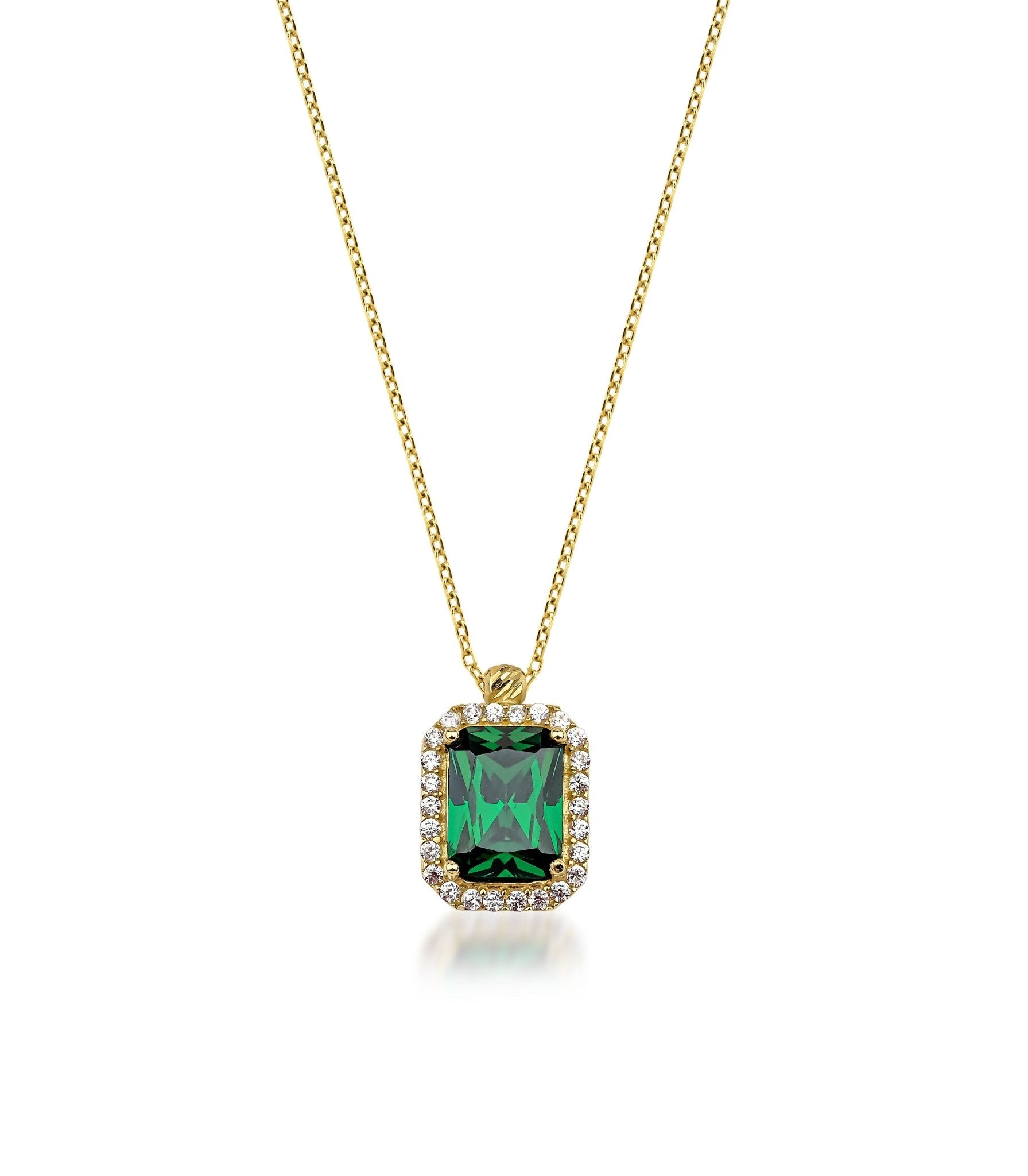 14K yellow gold emerald cut solitaire emerald necklace with CZ jewels, elegant pendant on chain, gift box included.