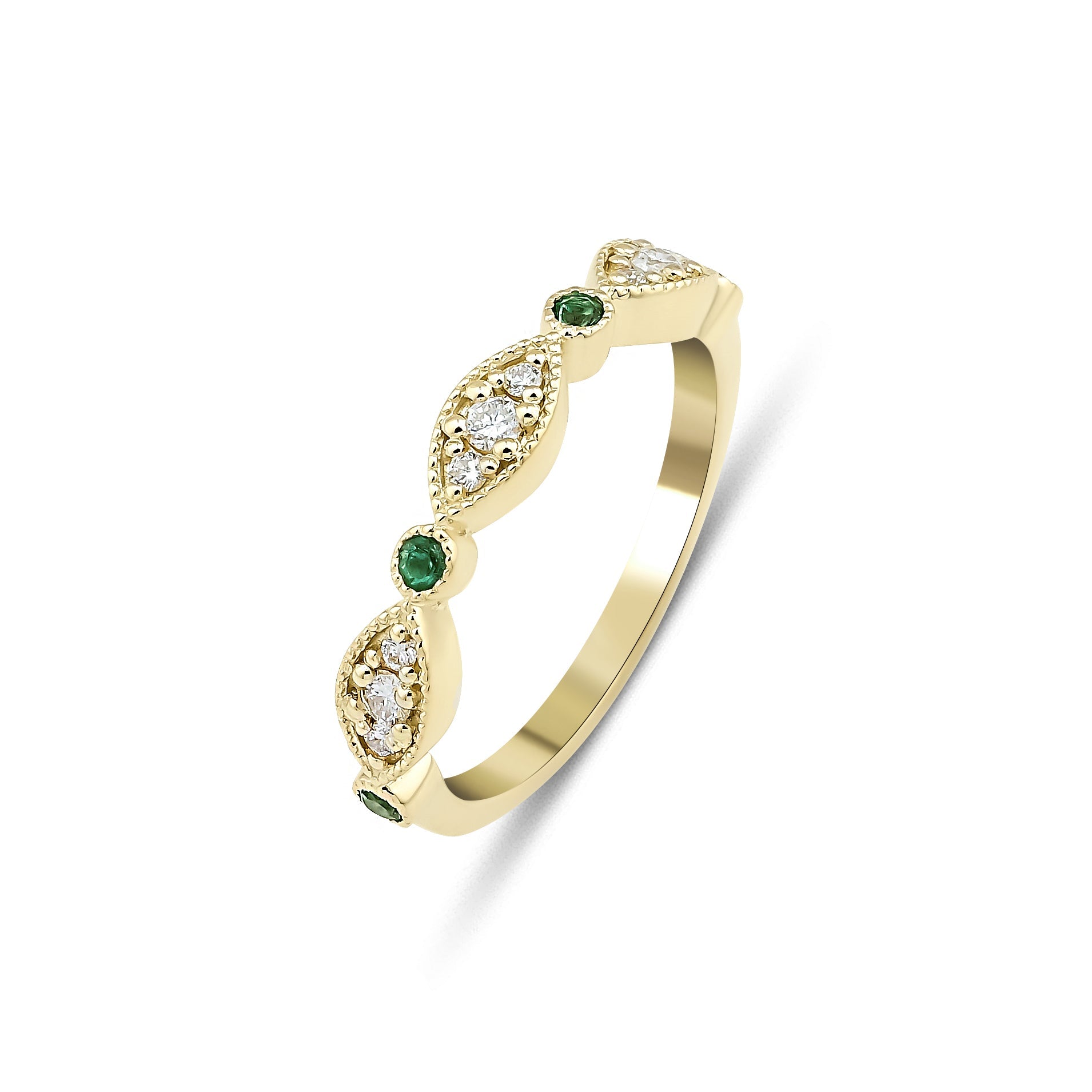14K yellow gold ring with green emeralds and sparkle diamonds in elegant design with shiny finish.