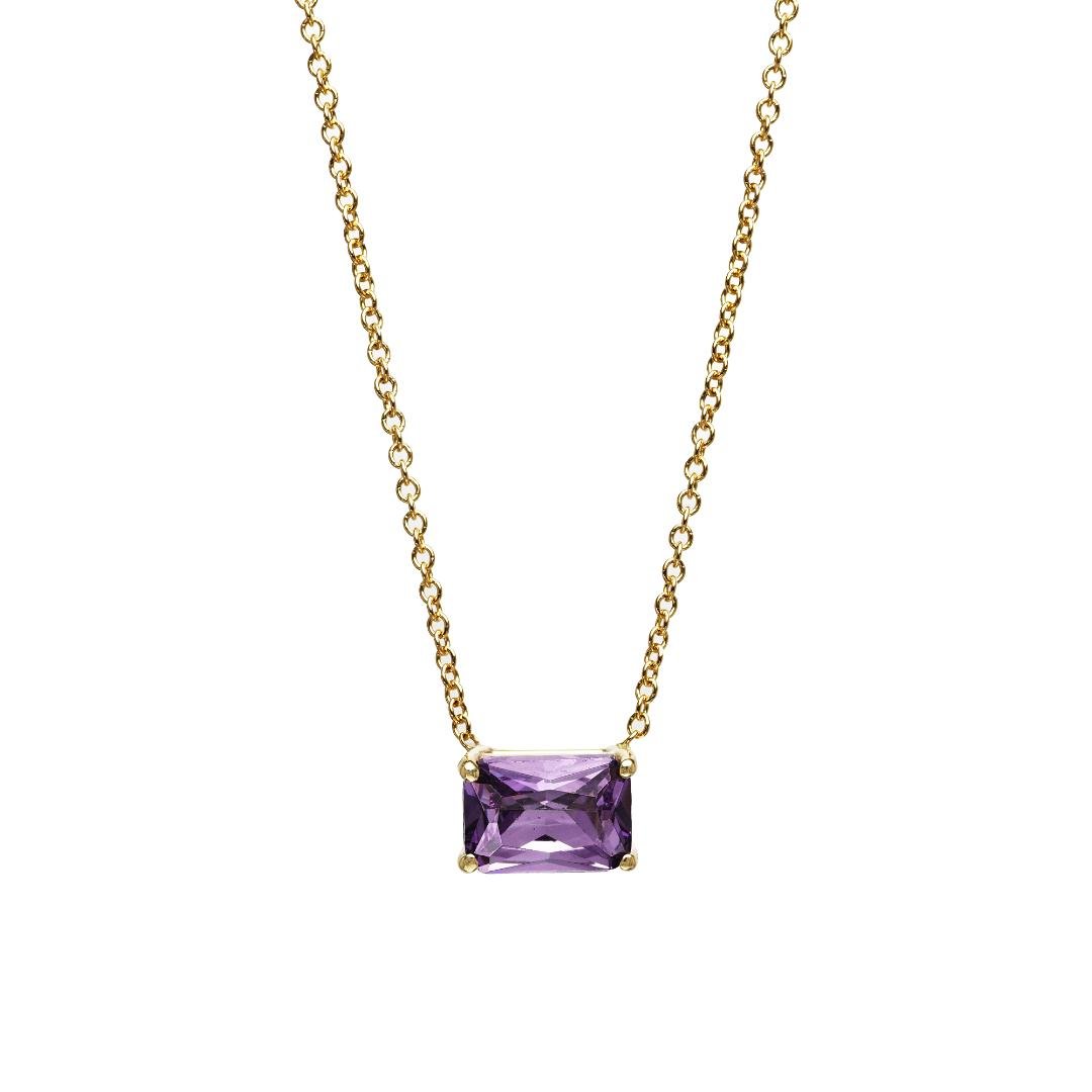 14K yellow gold emerald cut amethyst solitaire necklace, 16 inches long, 7x5mm lab created February birthstone jewelry.
