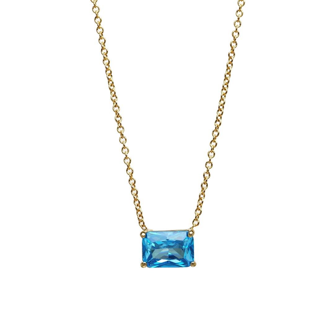 14K yellow gold emerald cut blue aquamarine solitaire necklace, minimalist design, perfect for everyday wear.
