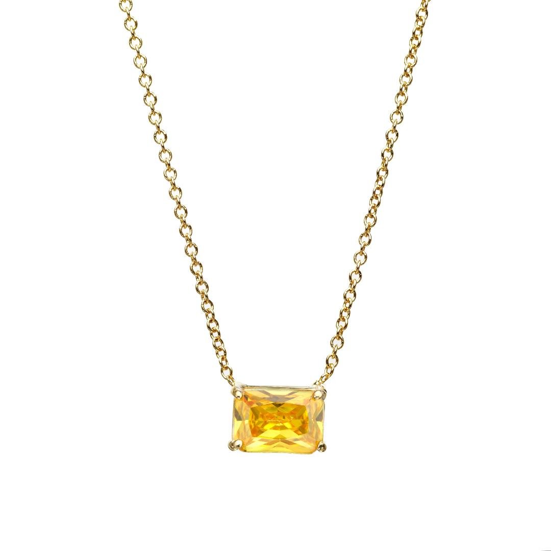 14K yellow gold emerald cut citrine solitaire necklace, 7x5mm pendant, minimalist design, perfect for everyday wear.