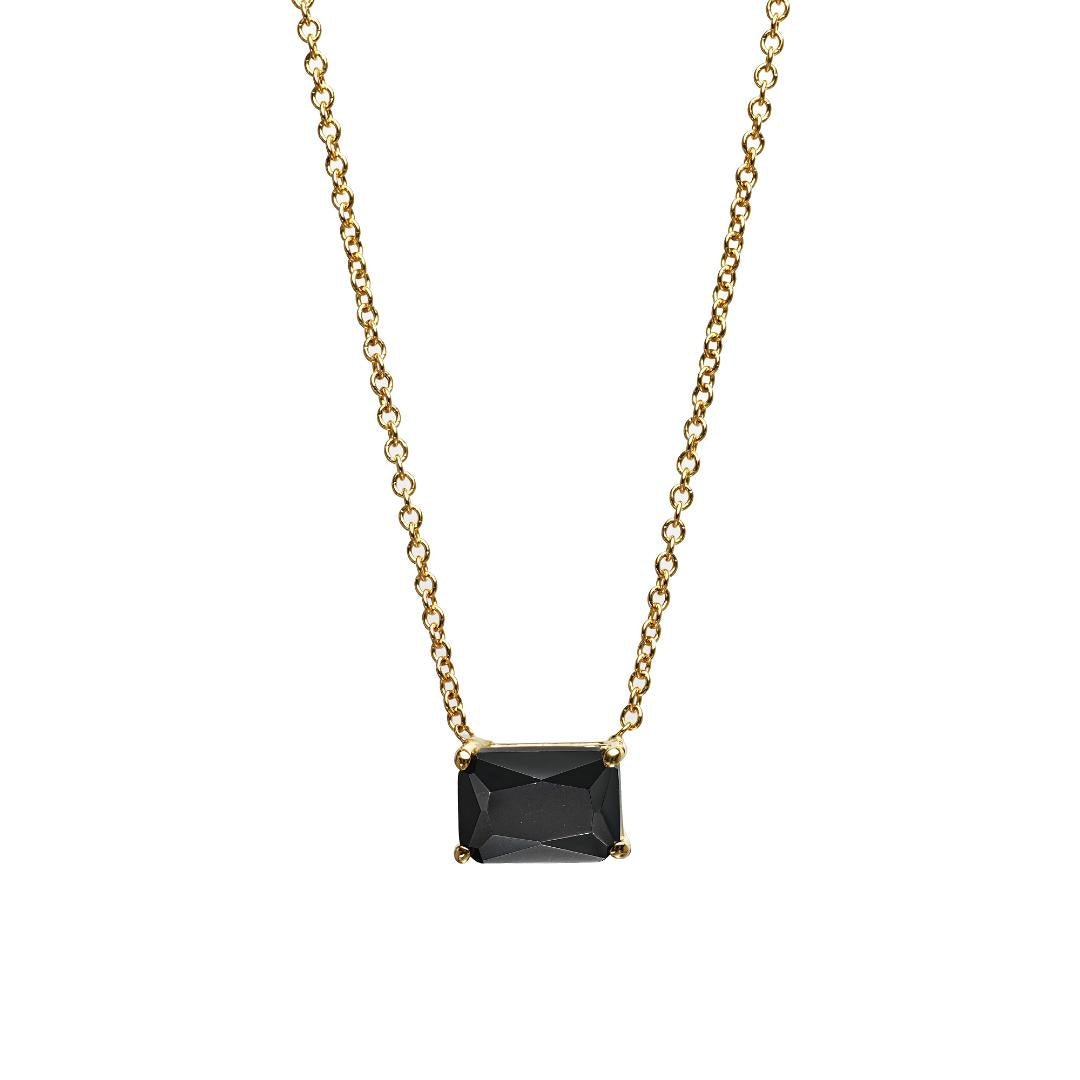 14K yellow gold 4 prong-set emerald cut onyx solitaire necklace, dainty minimalist design, perfect for everyday wear.