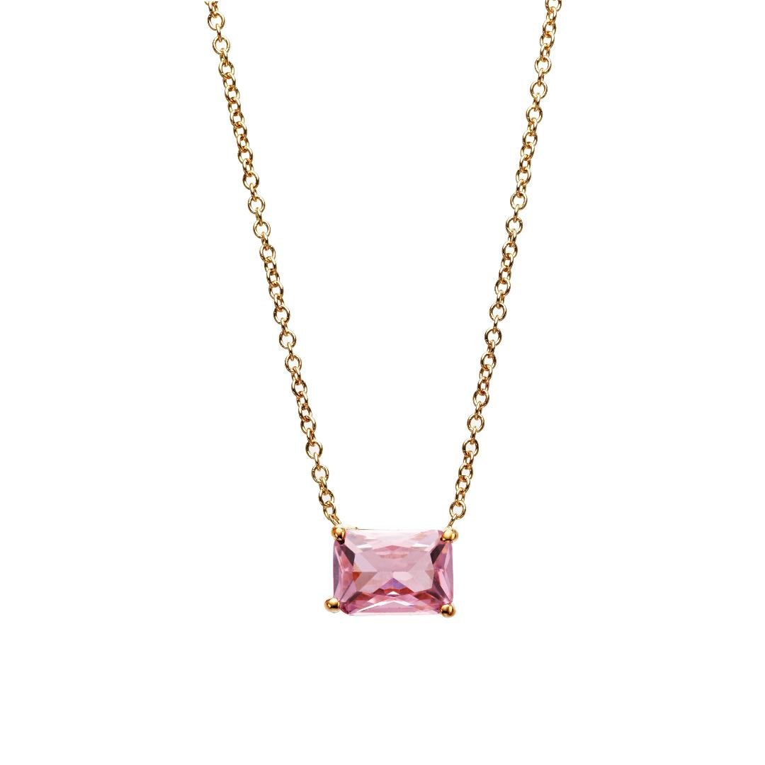 14K yellow gold necklace featuring a 7x5mm emerald cut pink sapphire, minimalist design, perfect for everyday wear.